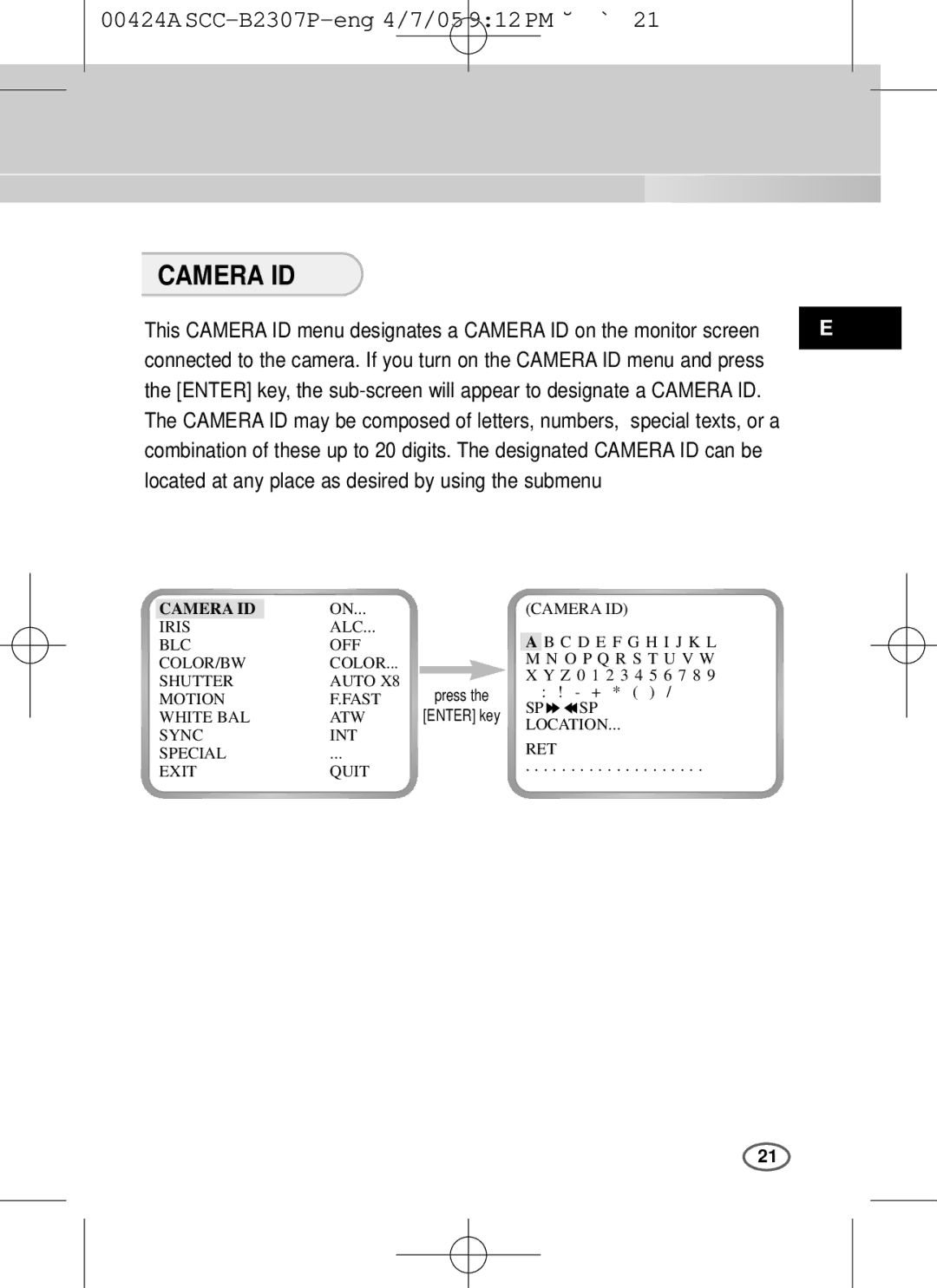 Samsung SCC-B2003P, SCC-B2303(P) user manual Camera ID, Located at any place as desired by using the submenu 