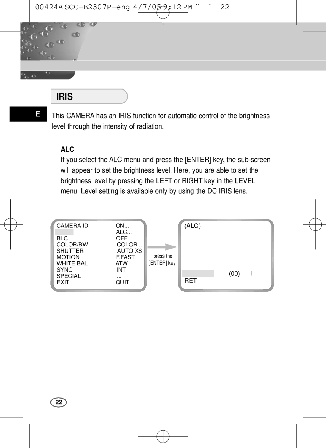 Samsung SCC-B2303(P), SCC-B2003P user manual Iris, ❿ ALC 