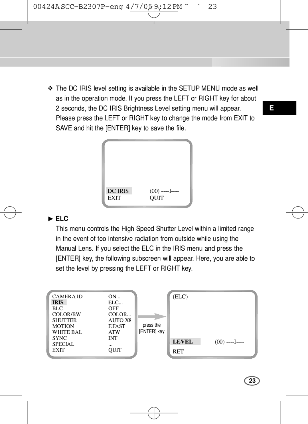 Samsung SCC-B2003P, SCC-B2303(P) user manual Save and hit the Enter key to save the file, ❿ ELC 