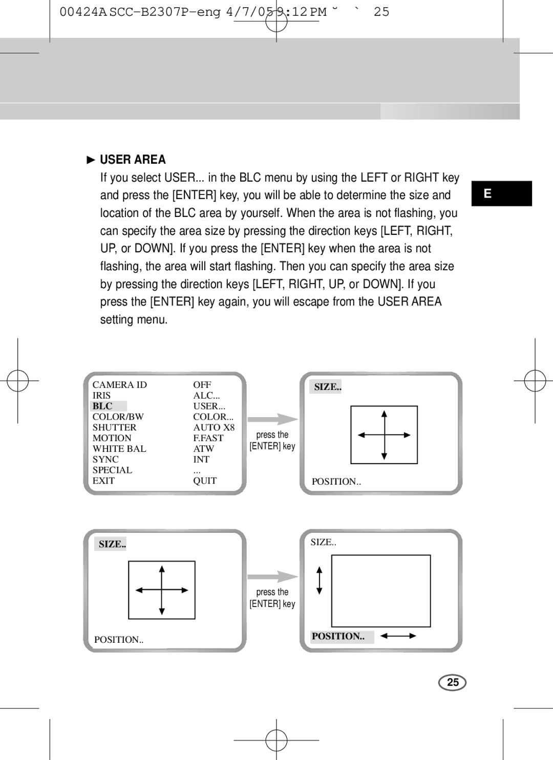 Samsung SCC-B2003P, SCC-B2303(P) user manual ❿ User Area, Size, Position 