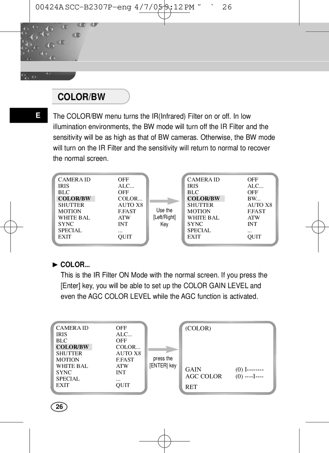 Samsung SCC-B2303(P), SCC-B2003P user manual Color/Bw, ❿ Color 