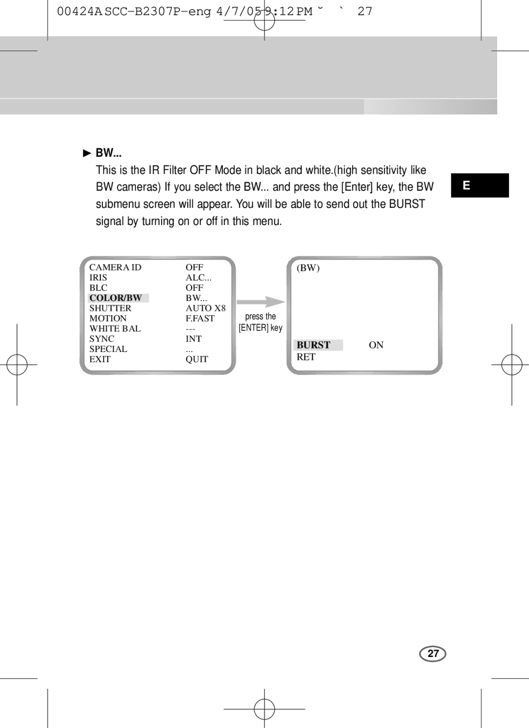 Samsung SCC-B2003P, SCC-B2303(P) user manual ❿ BW, Signal by turning on or off in this menu 