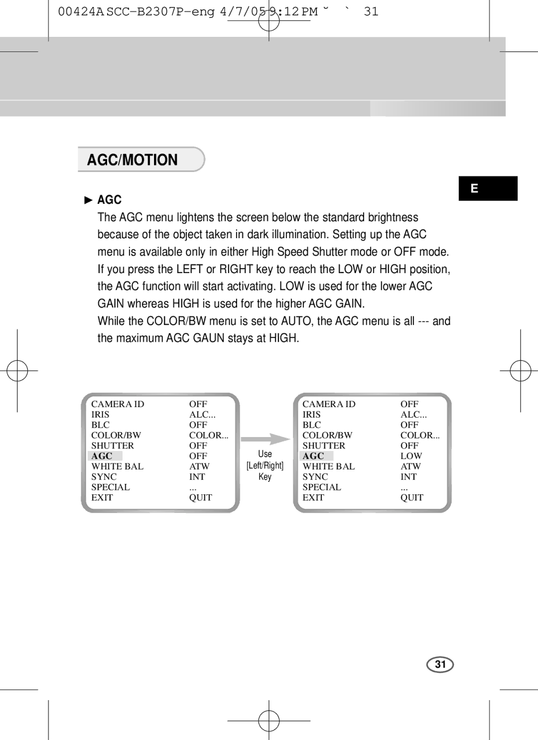 Samsung SCC-B2003P, SCC-B2303(P) user manual Agc/Motion, ❿ AGC 