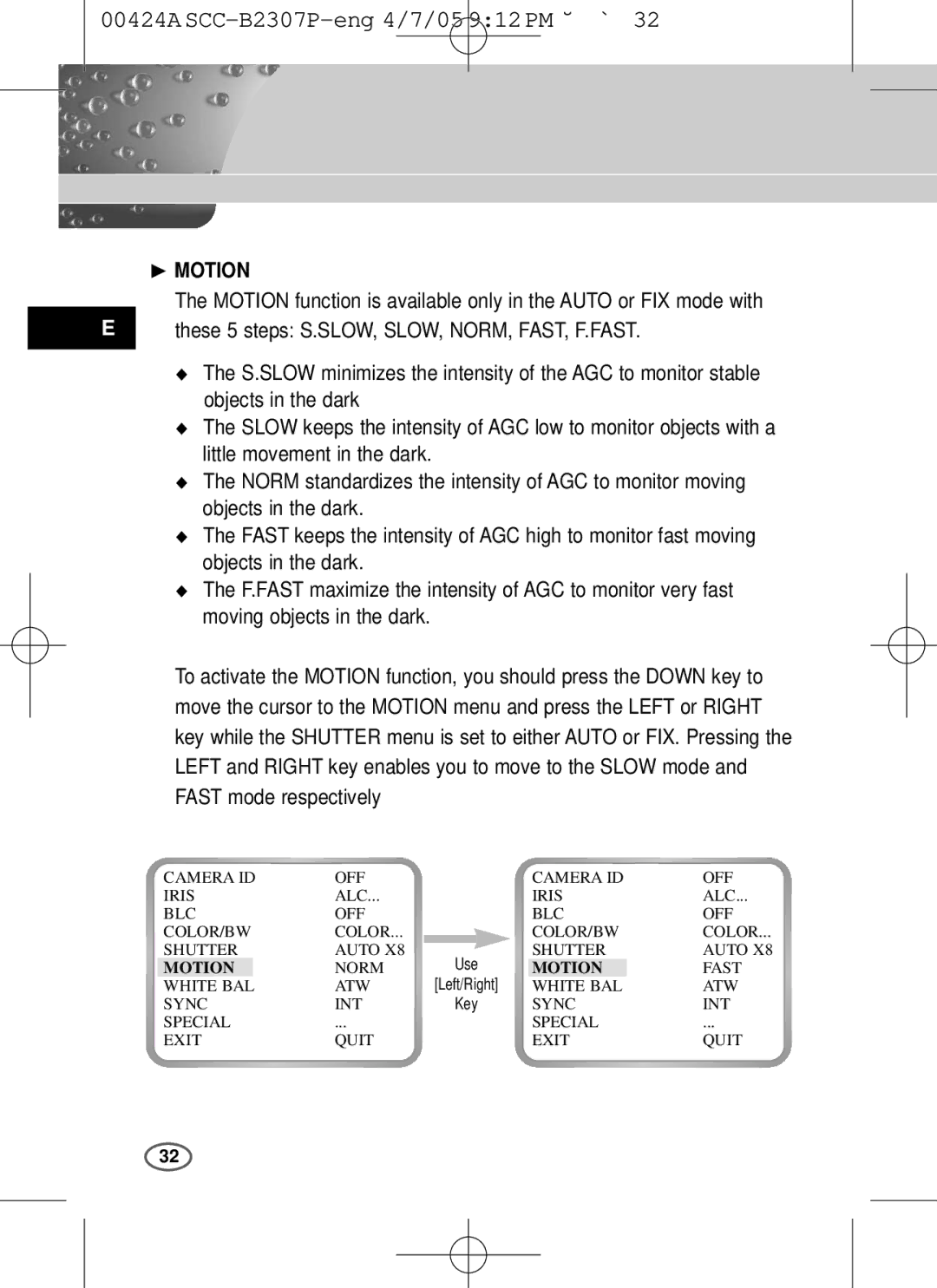 Samsung SCC-B2303(P), SCC-B2003P user manual ❿ Motion, Fast mode respectively 