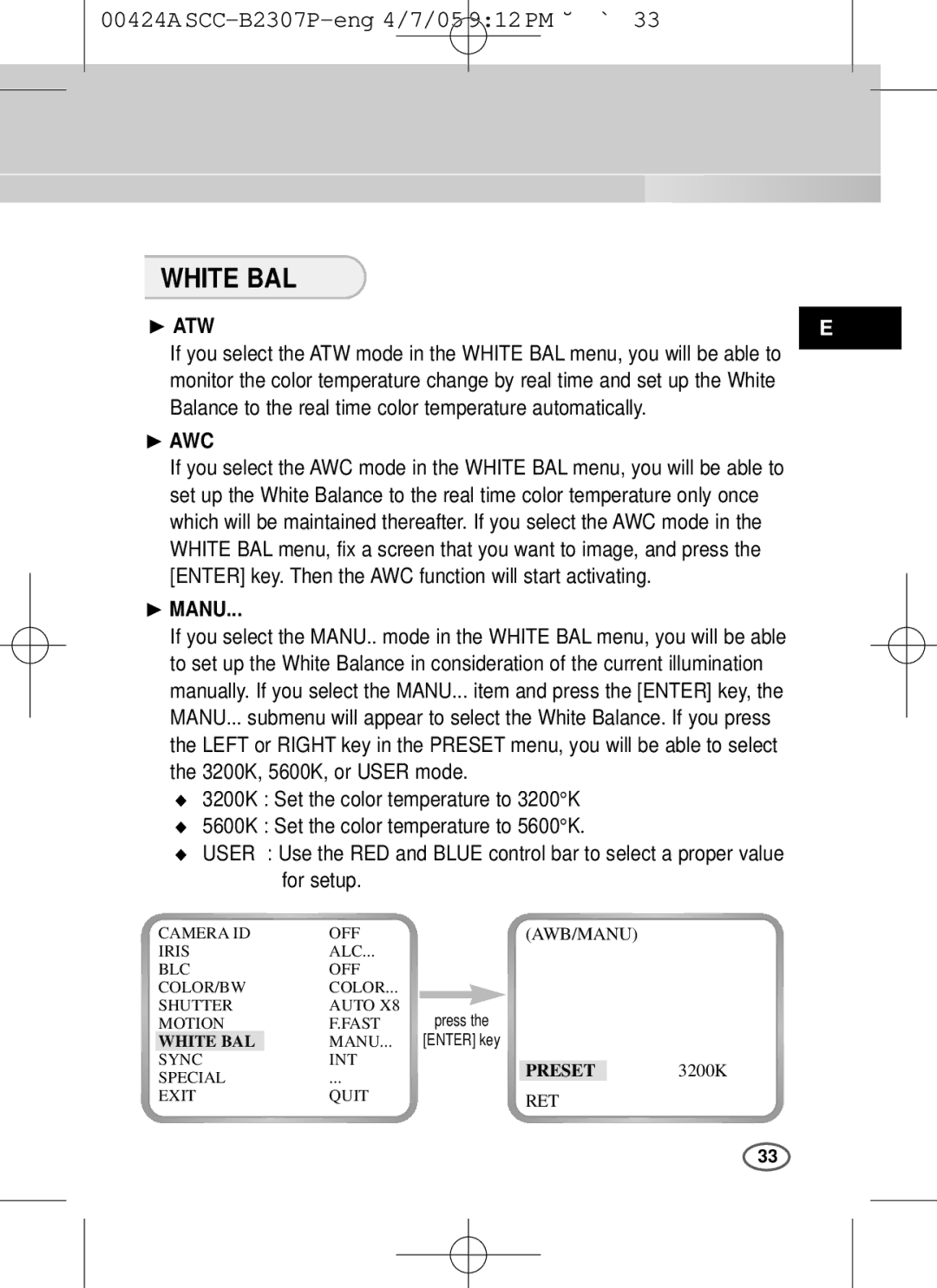 Samsung SCC-B2003P, SCC-B2303(P) user manual White BAL, ❿ ATW, ❿ AWC, ❿ Manu 