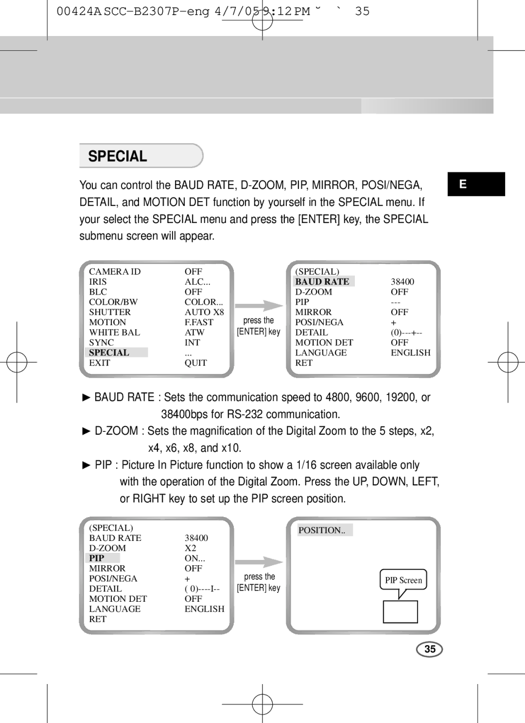 Samsung SCC-B2003P, SCC-B2303(P) user manual Special, Submenu screen will appear, Baud Rate, Pip 