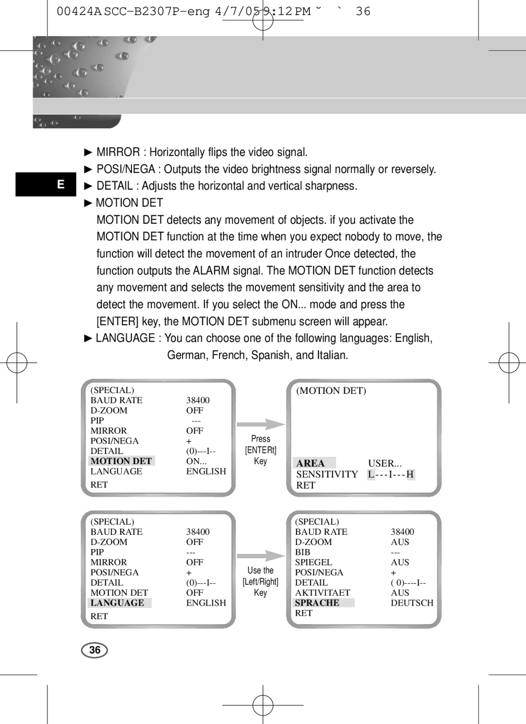 Samsung SCC-B2303(P), SCC-B2003P user manual ❿ Mirror Horizontally flips the video signal, Motion DET, Language, Sprache 