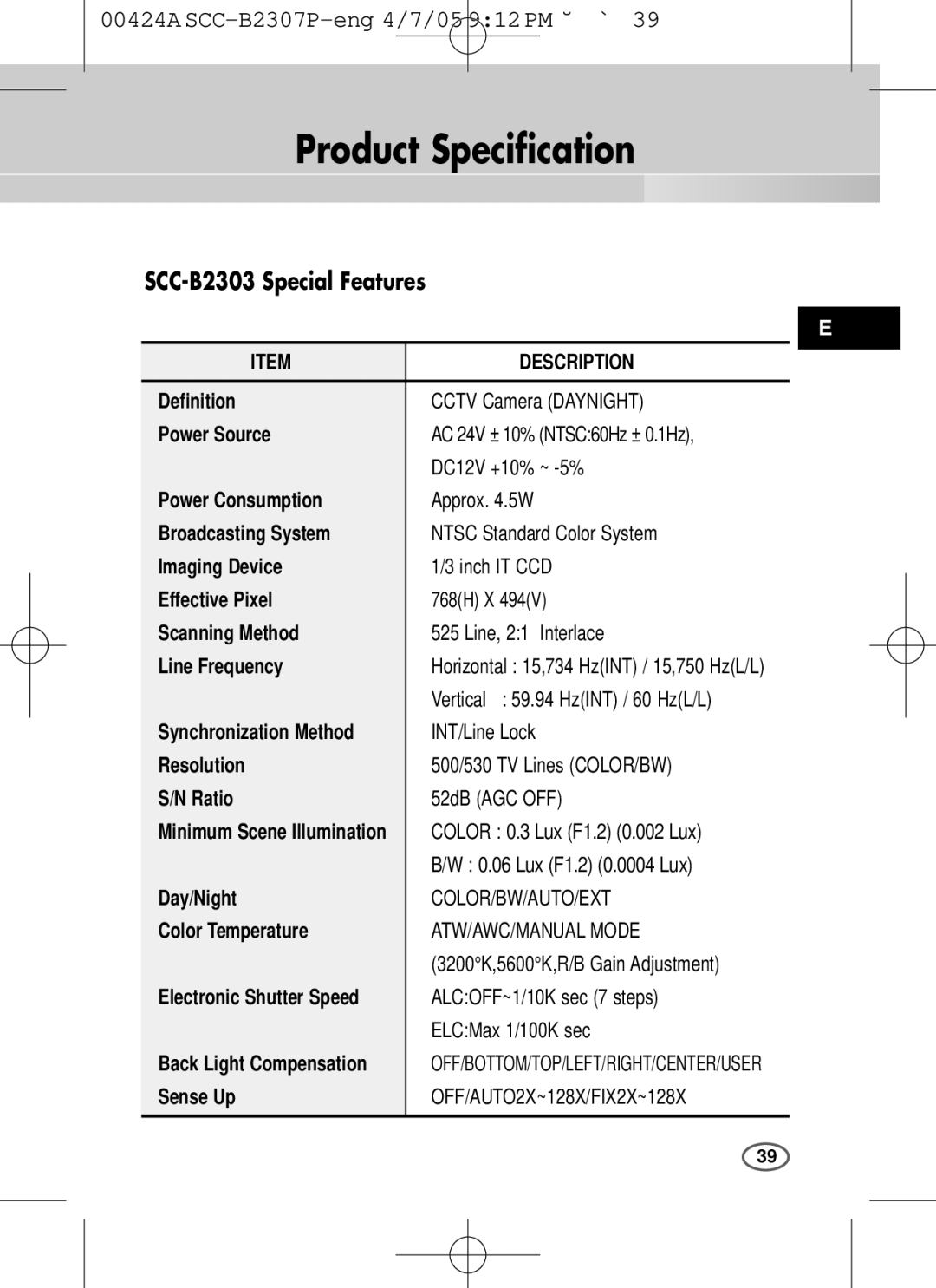 Samsung SCC-B2003P, SCC-B2303(P) user manual Product Specification, Description 