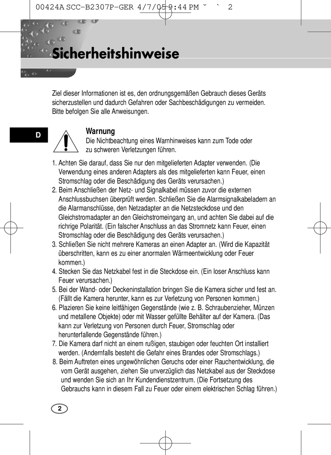 Samsung SCC-B2303(P), SCC-B2003P user manual Sicherheitshinweise, Warnung 