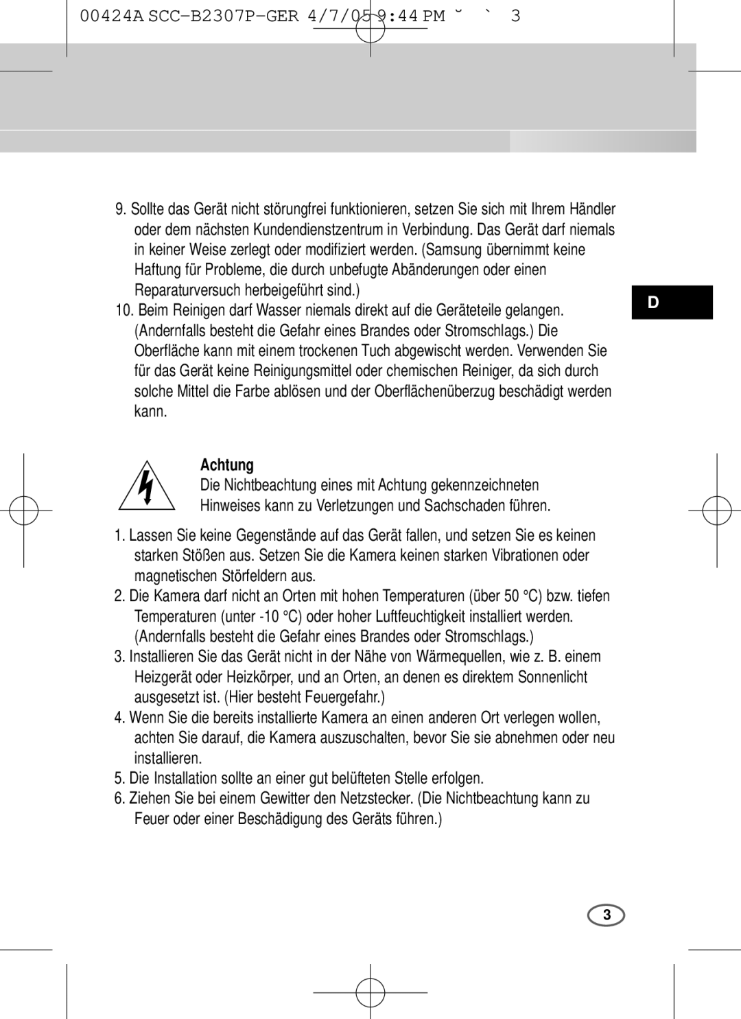 Samsung SCC-B2003P, SCC-B2303(P) user manual Achtung 