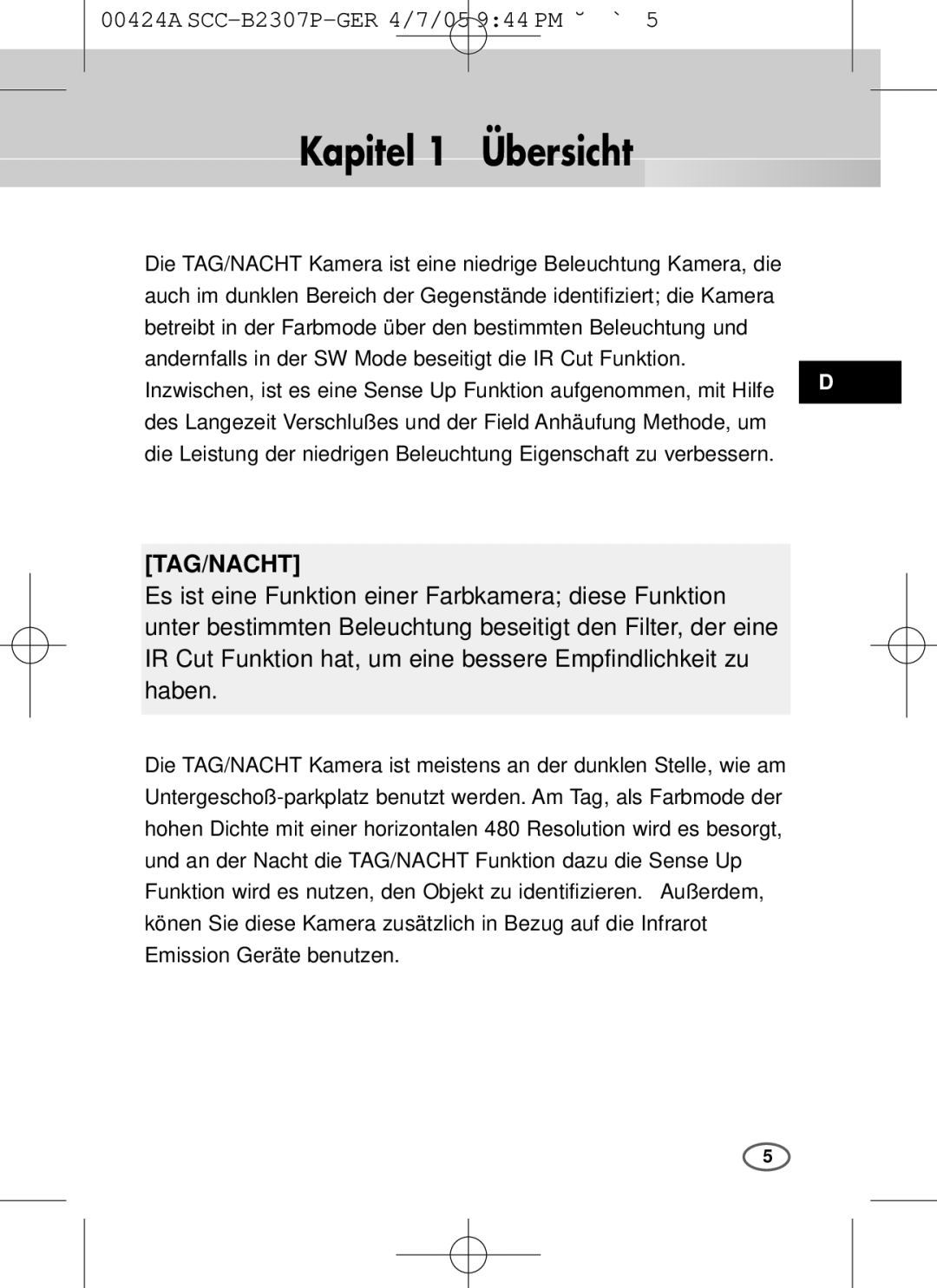 Samsung SCC-B2003P, SCC-B2303(P) user manual Kapitel 1 Übersicht, Tag/Nacht 