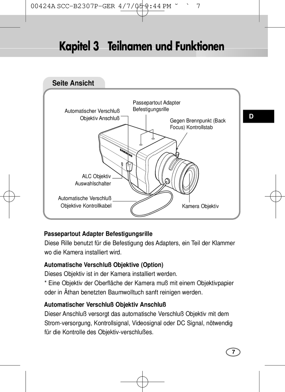 Samsung SCC-B2003P, SCC-B2303(P) user manual Kapitel 3 Teilnamen und Funktionen, Passepartout Adapter Befestigungsrille 