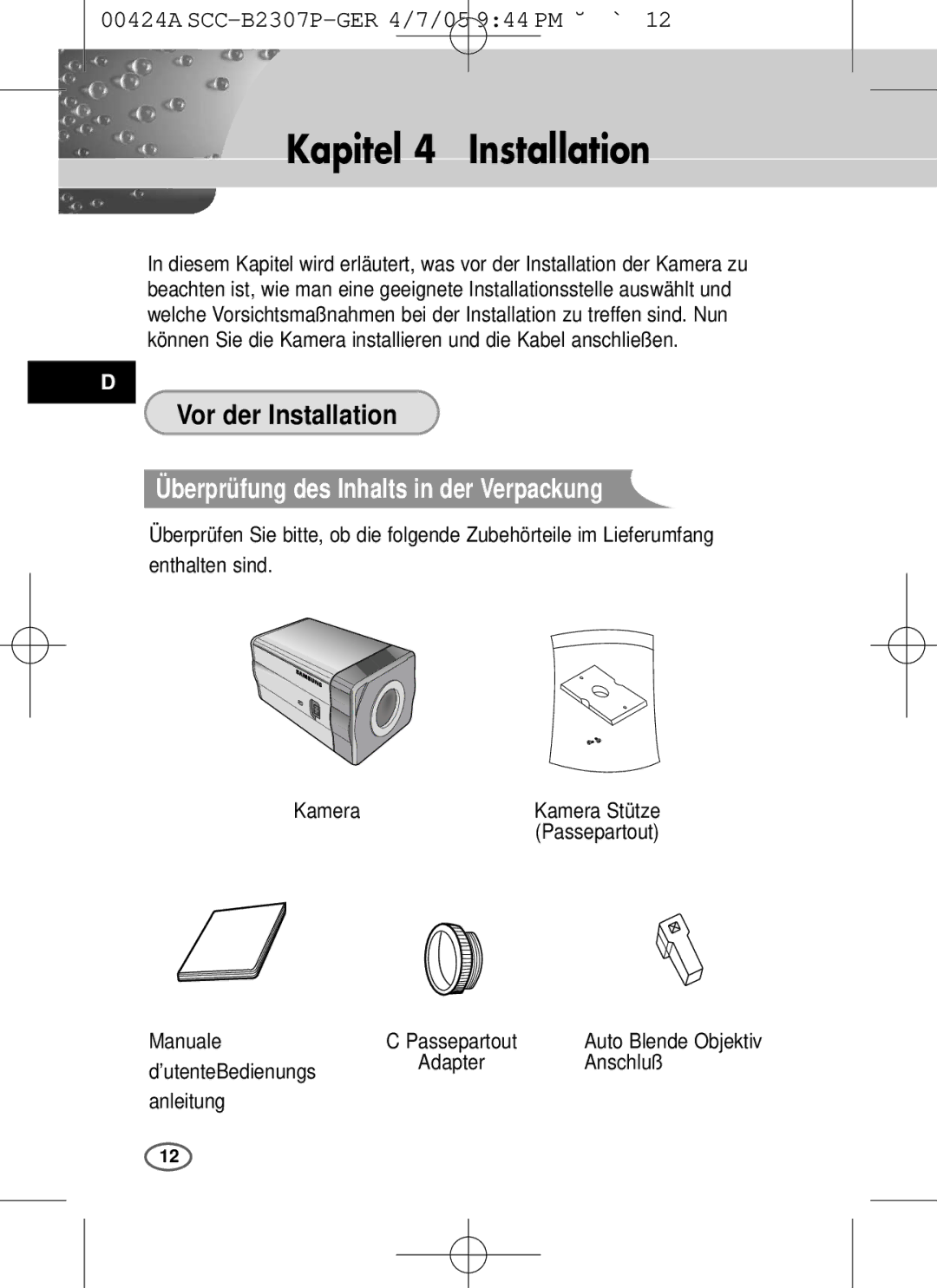 Samsung SCC-B2303(P) Kapitel 4 Installation, Überprüfung des Inhalts in der Verpackung, Kamera, Manuale Passepartout 