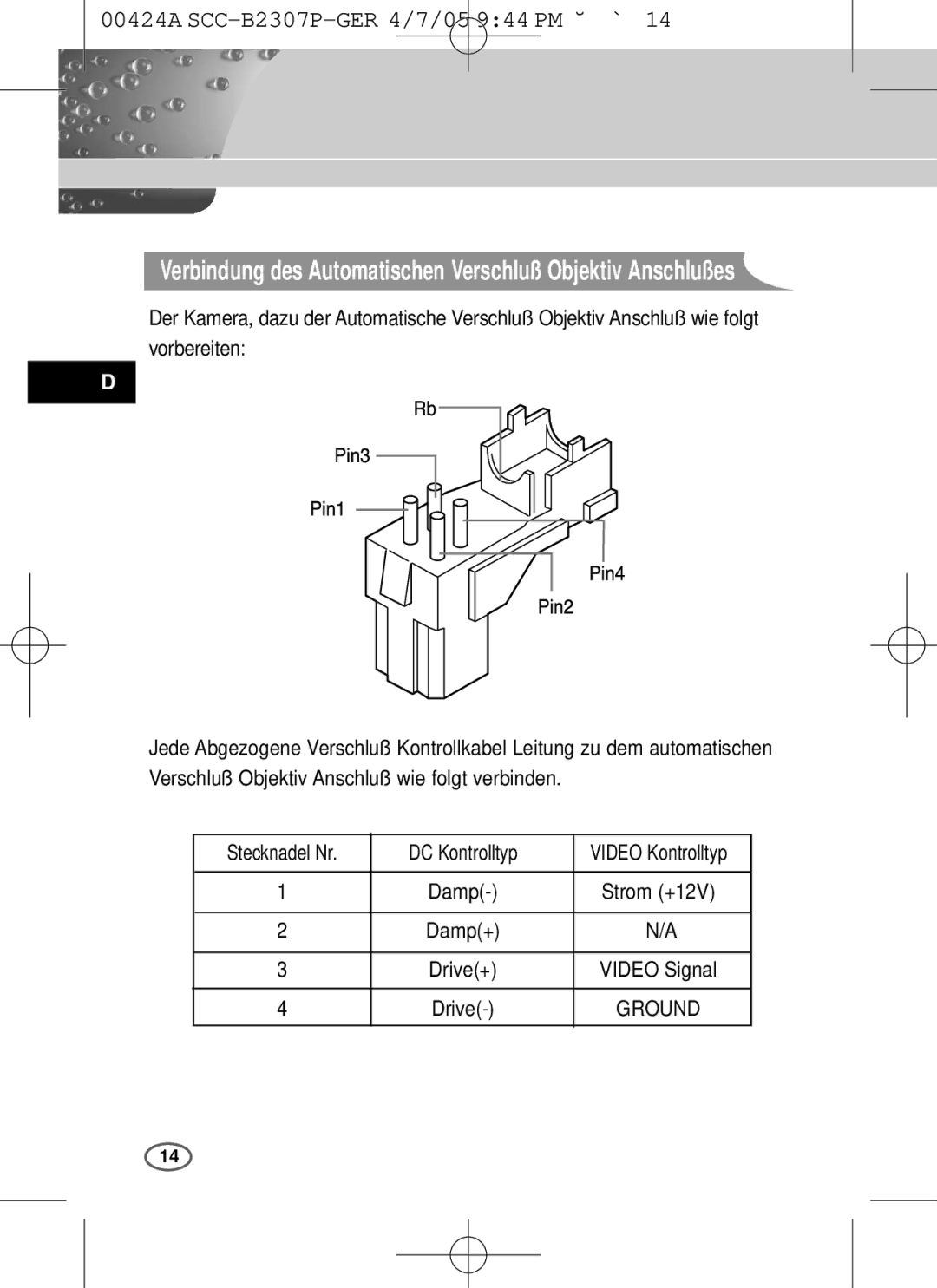 Samsung SCC-B2303(P), SCC-B2003P user manual Kontrolltyp, Damp Strom +12V Damp+ 