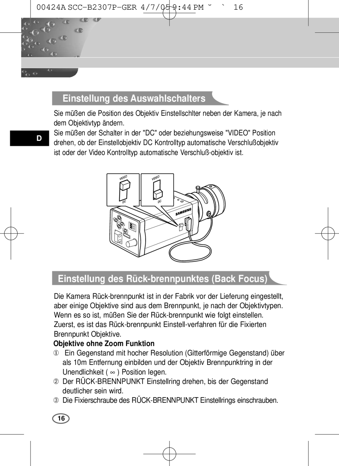 Samsung SCC-B2303(P), SCC-B2003P user manual Einstellung des Auswahlschalters, Einstellung des Rück-brennpunktes Back Focus 