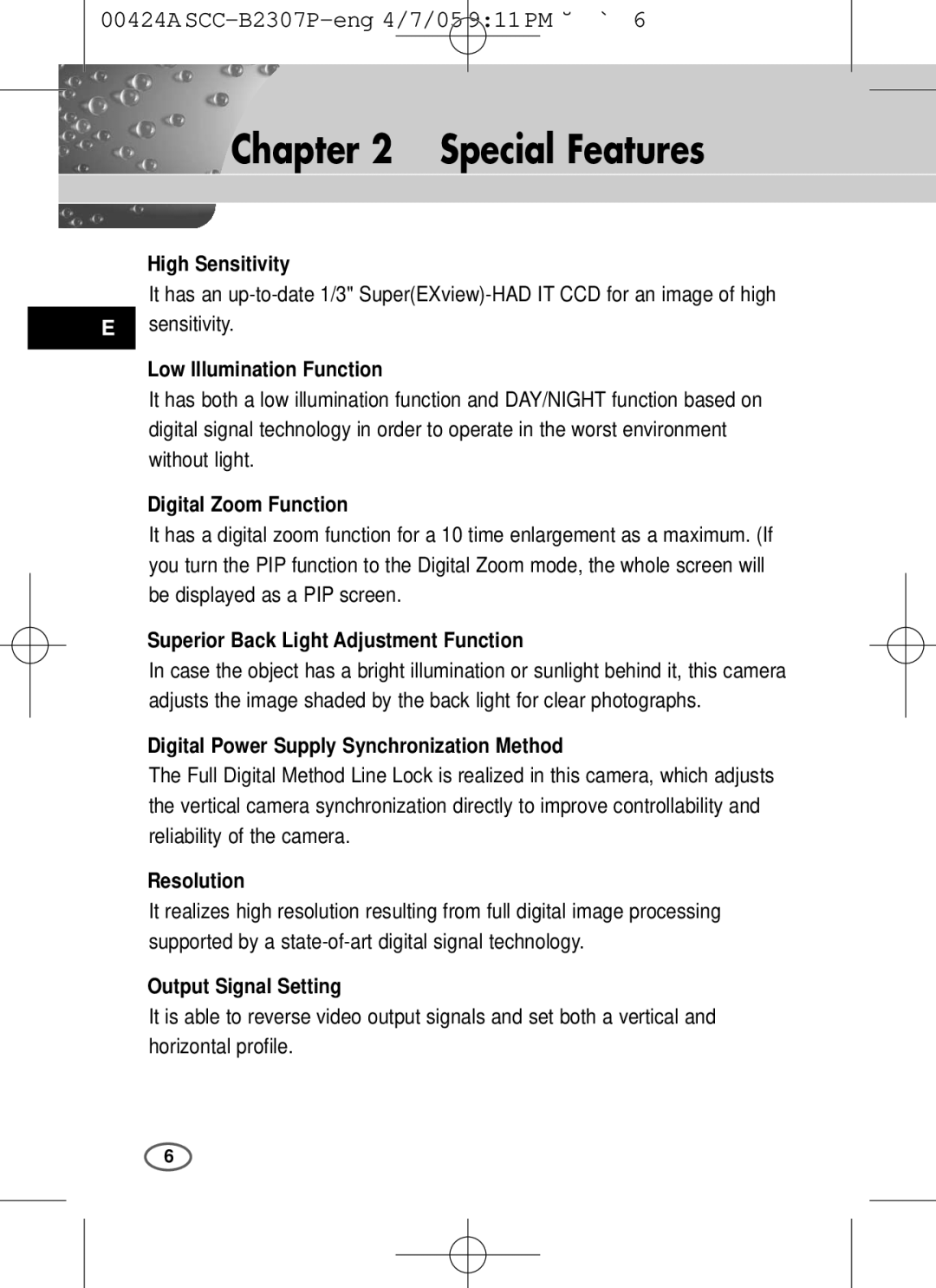 Samsung SCC-B2303(P), SCC-B2003P user manual Special Features 