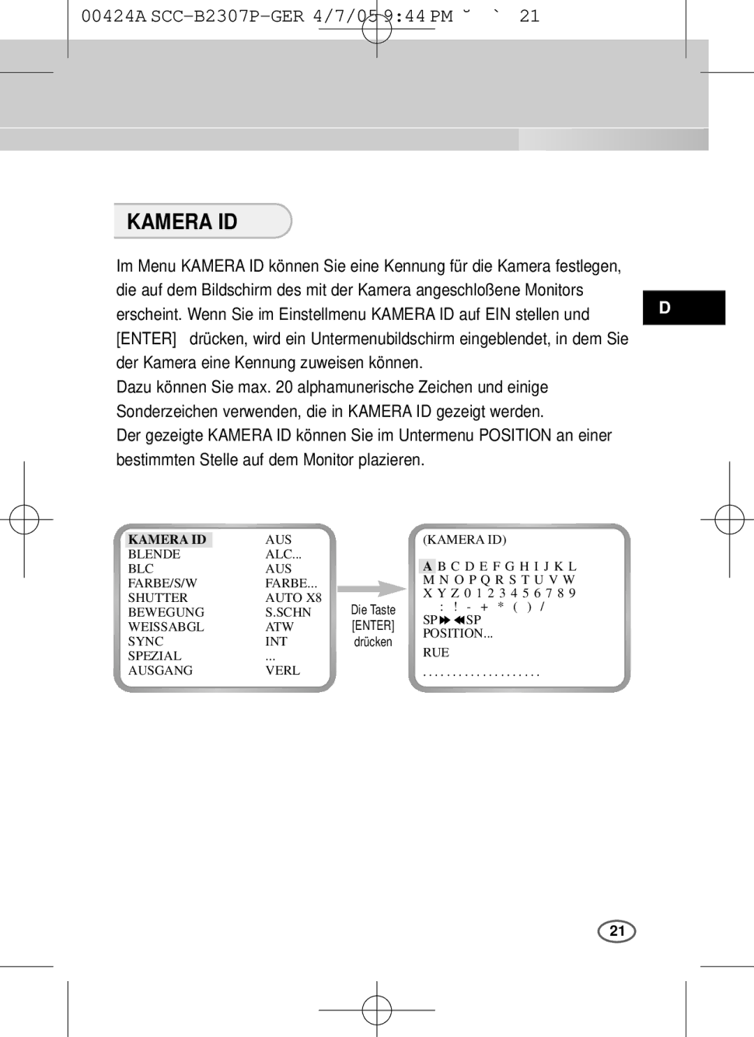 Samsung SCC-B2003P, SCC-B2303(P) user manual Kamera ID, Bestimmten Stelle auf dem Monitor plazieren 