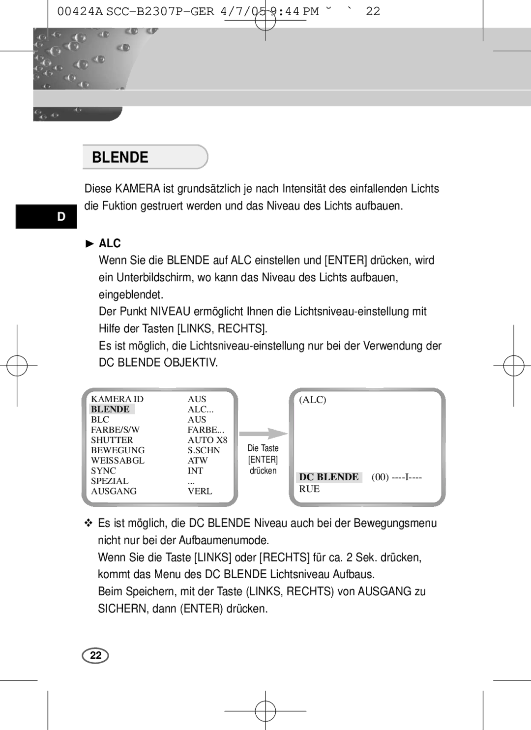 Samsung SCC-B2303(P), SCC-B2003P user manual Blende 