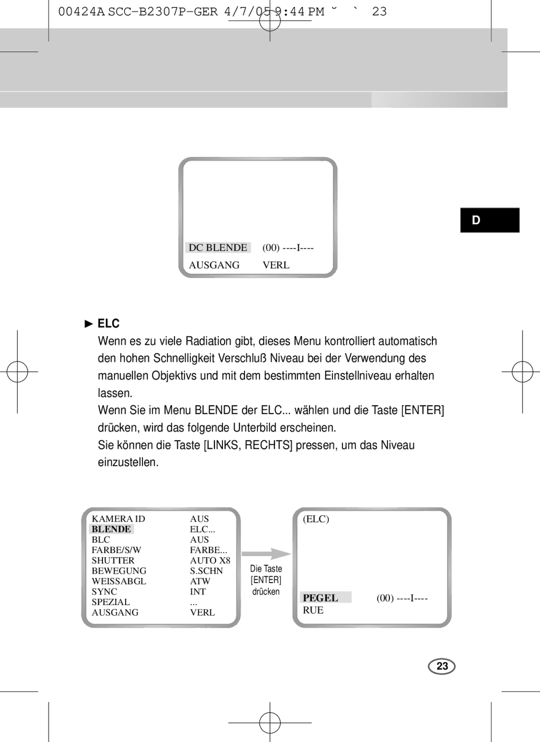 Samsung SCC-B2003P, SCC-B2303(P) user manual Pegel 