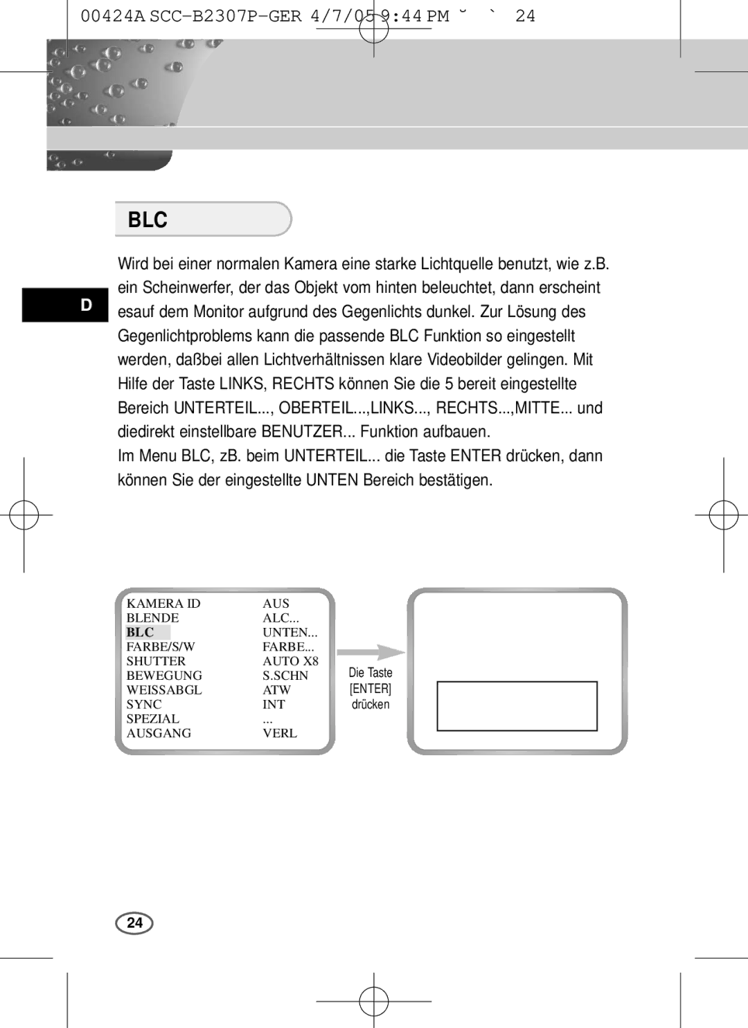 Samsung SCC-B2303(P), SCC-B2003P user manual Kamera ID AUS Blende 