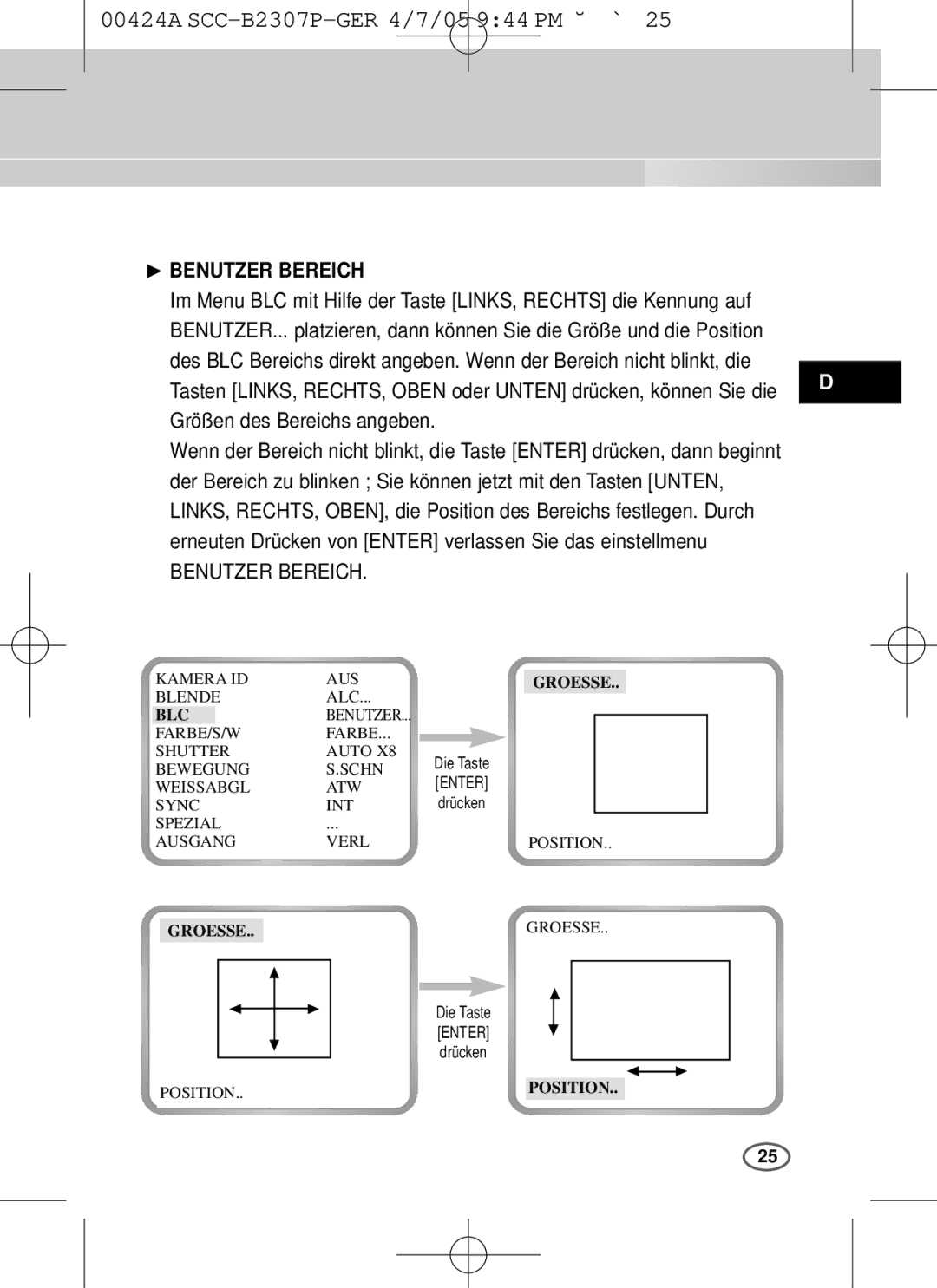 Samsung SCC-B2003P, SCC-B2303(P) user manual ❿ Benutzer Bereich, Groesse 