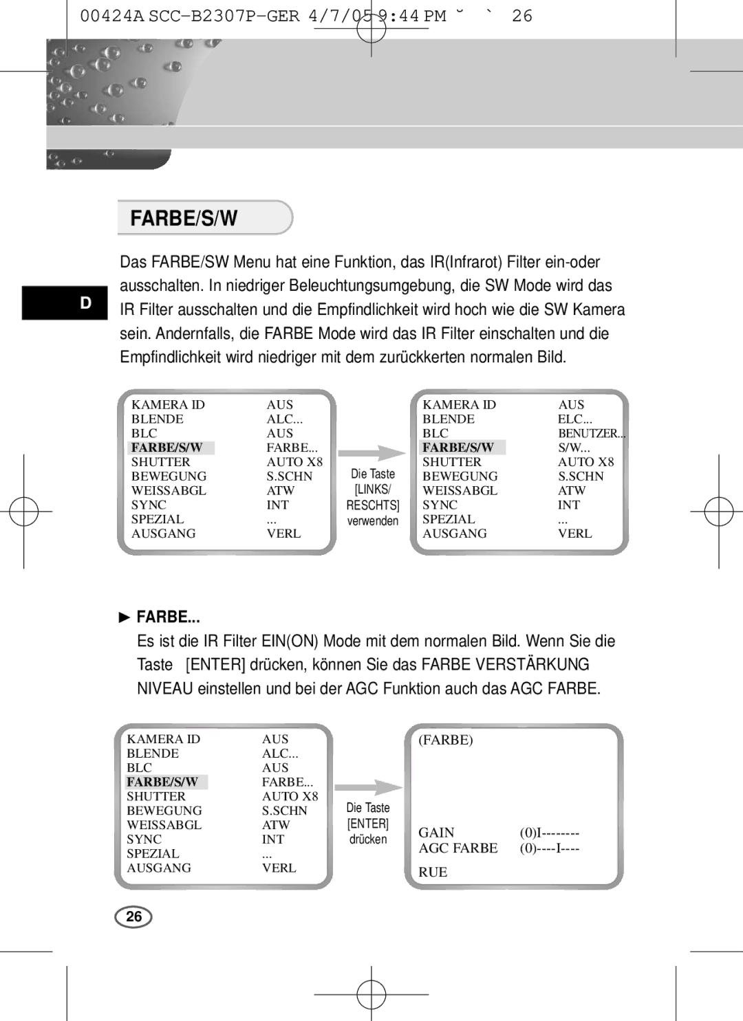 Samsung SCC-B2303(P), SCC-B2003P user manual Farbe/S/W, ❿ Farbe 