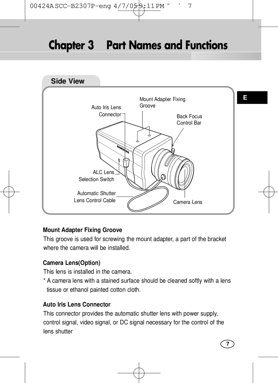 Samsung SCC-B2003P Part Names and Functions, Mount Adapter Fixing Groove, Camera LensOption, Auto Iris Lens Connector 