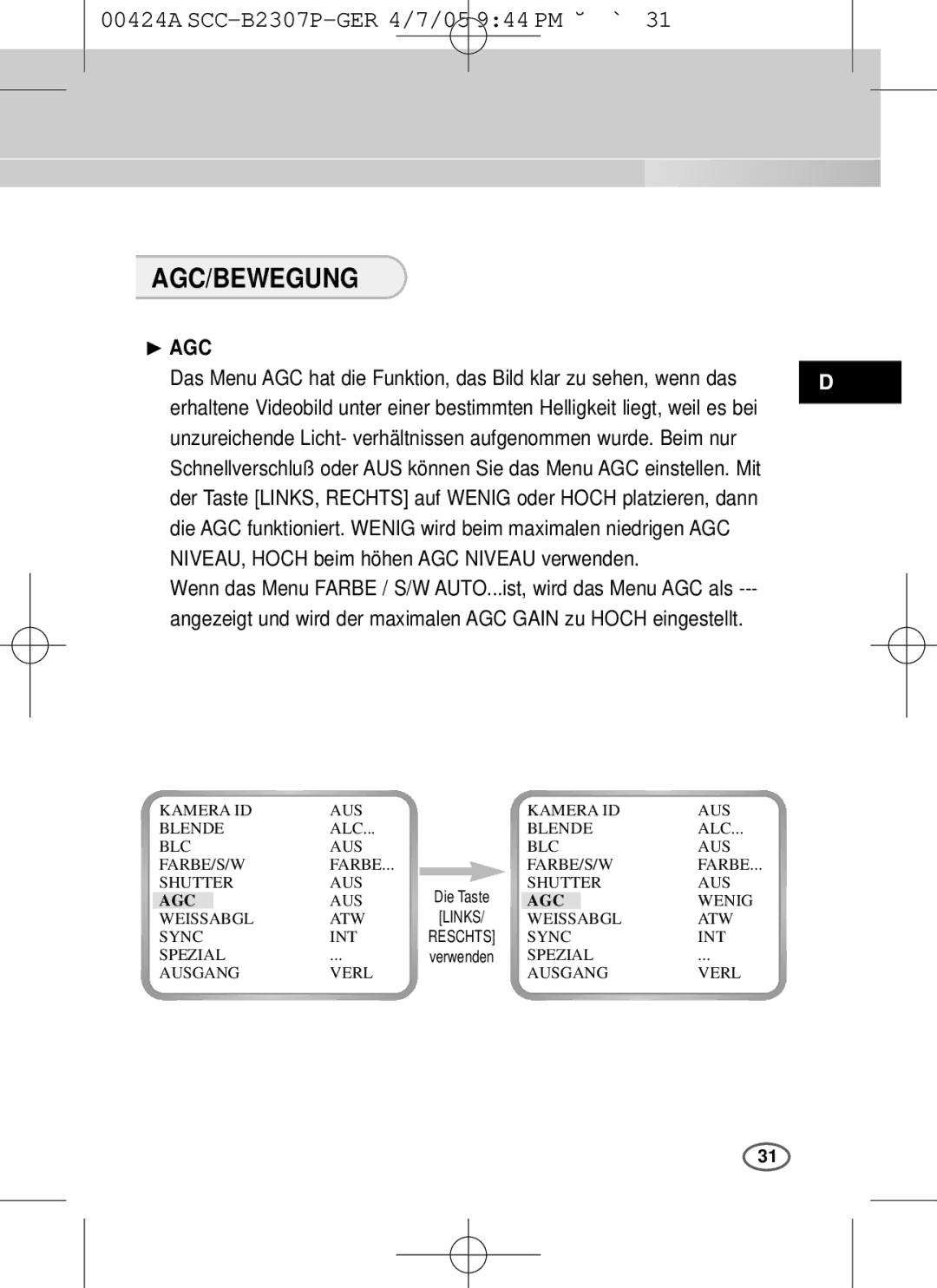 Samsung SCC-B2003P, SCC-B2303(P) user manual Agc/Bewegung, ❿ AGC 