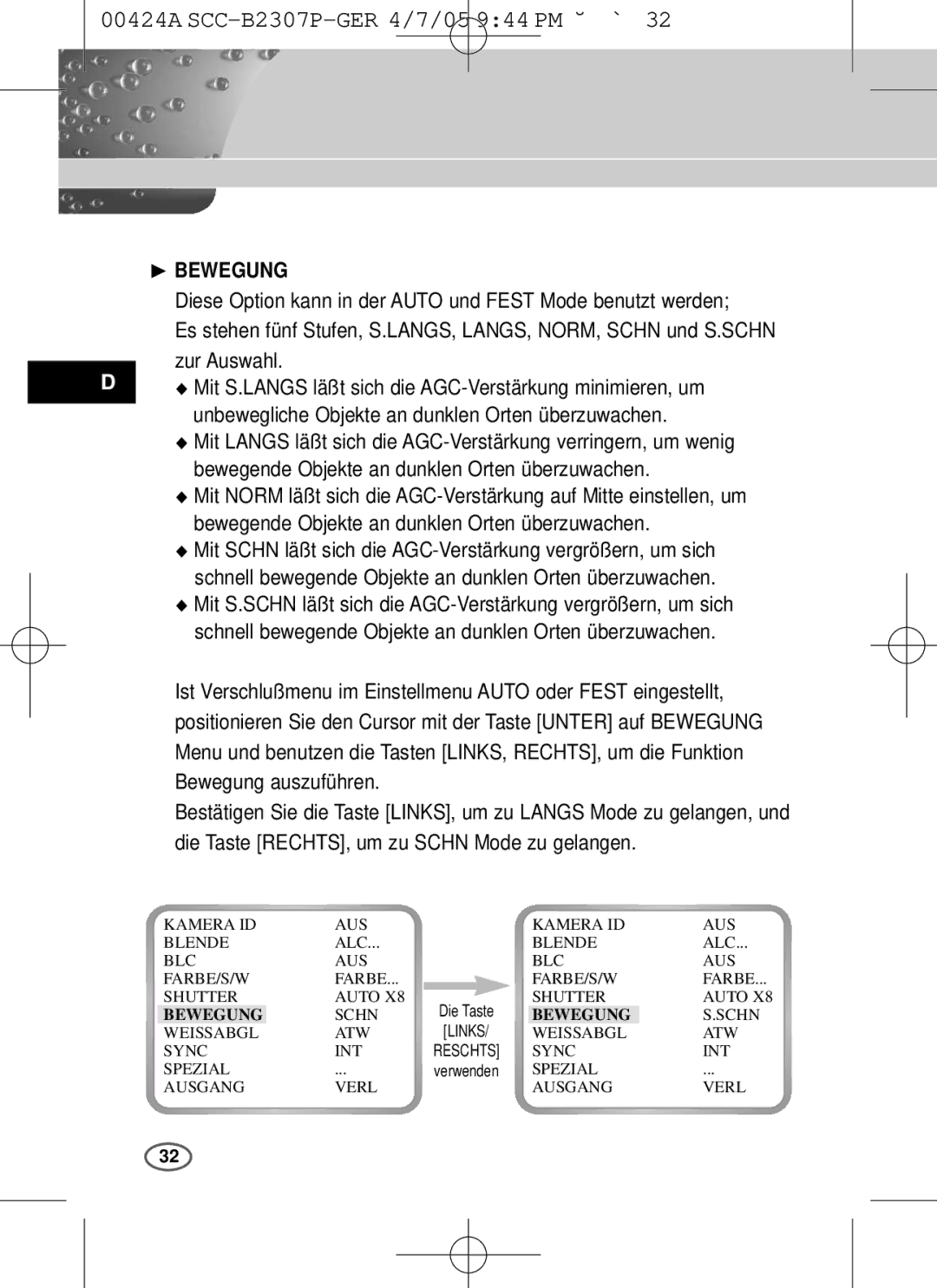 Samsung SCC-B2303(P), SCC-B2003P user manual ❿ Bewegung 