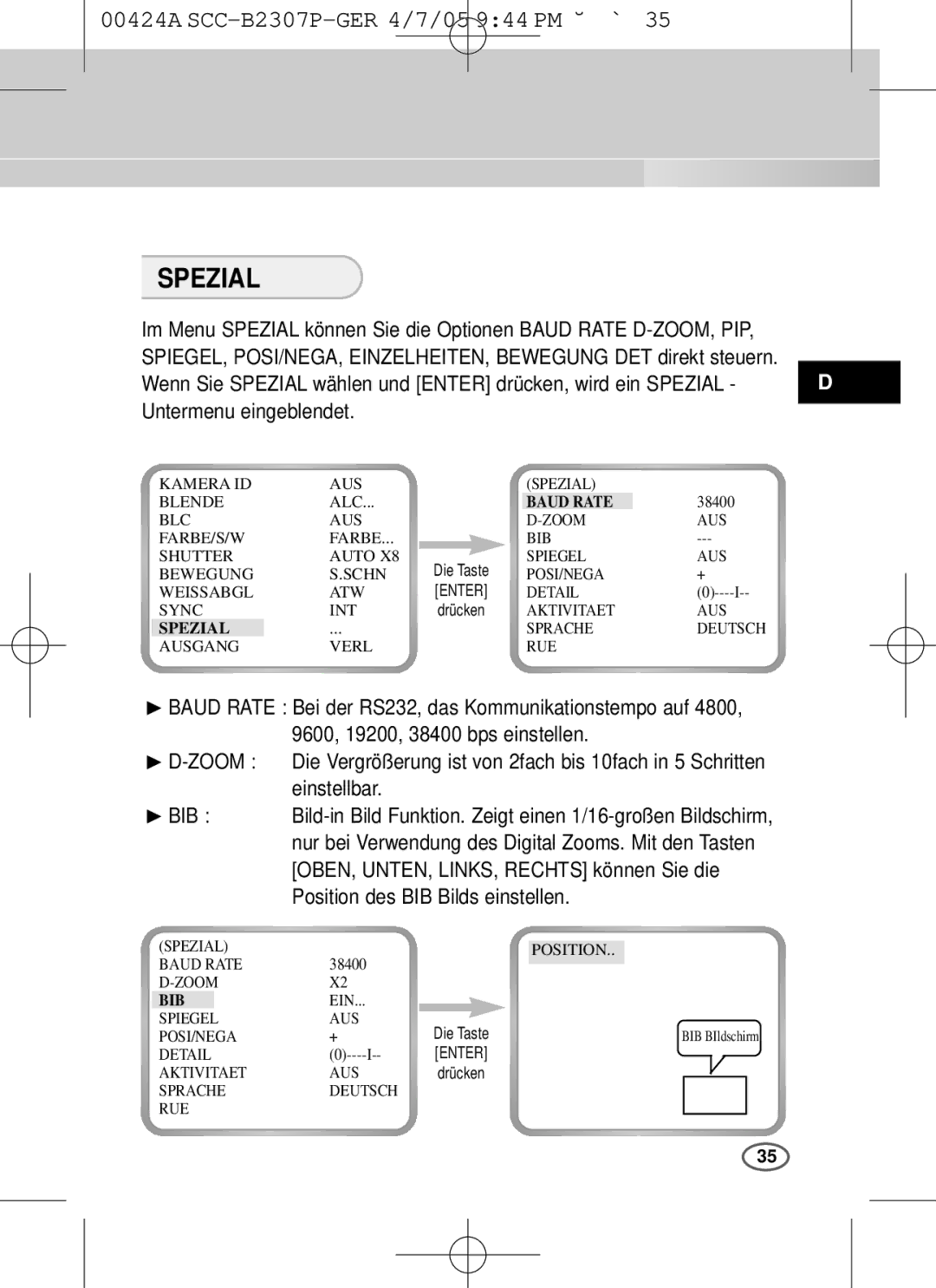 Samsung SCC-B2003P, SCC-B2303(P) user manual Spezial, Bib 