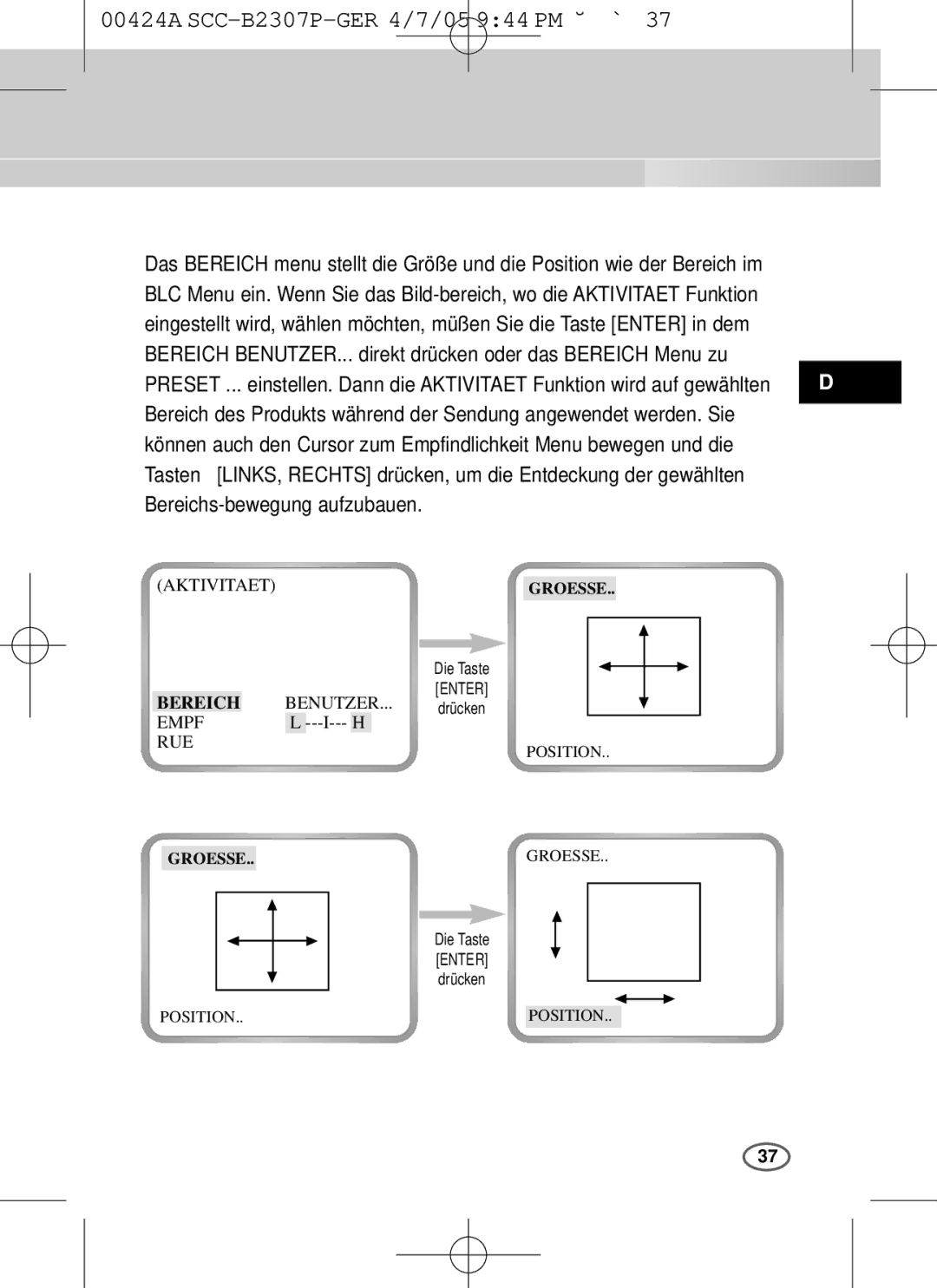 Samsung SCC-B2003P, SCC-B2303(P) user manual Bereich BENUTZER... direkt drücken oder das Bereich Menu zu, Groesse 