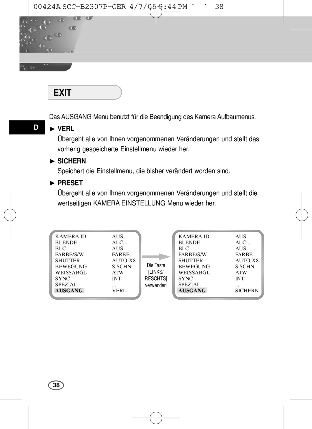 Samsung SCC-B2303(P), SCC-B2003P user manual ❿ Verl, ❿ Sichern, Ausgang 