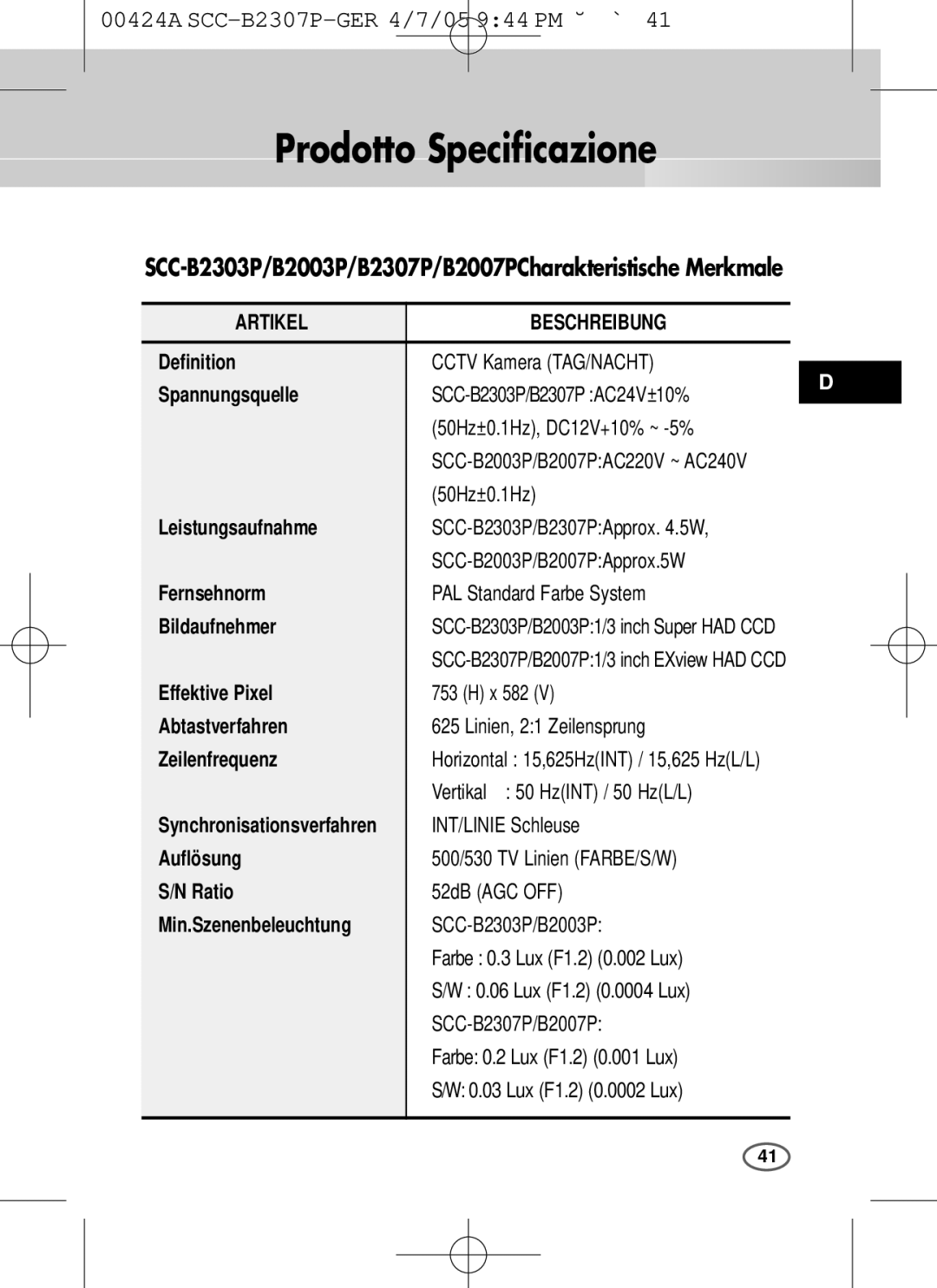 Samsung SCC-B2003P, SCC-B2303(P) user manual Prodotto Specificazione 