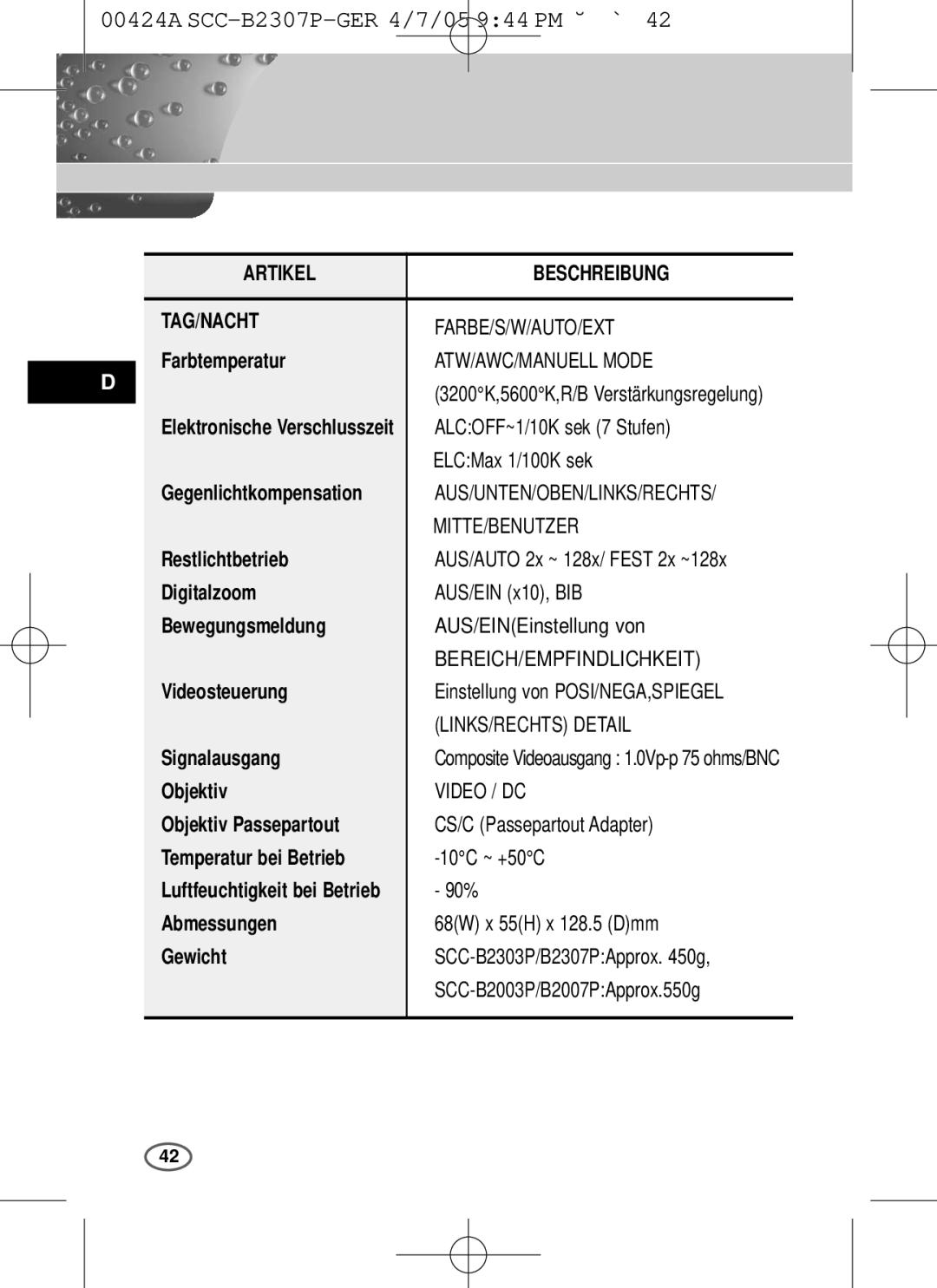 Samsung SCC-B2303(P), SCC-B2003P user manual Artikel Beschreibung TAG/NACHT, Temperatur bei Betrieb 