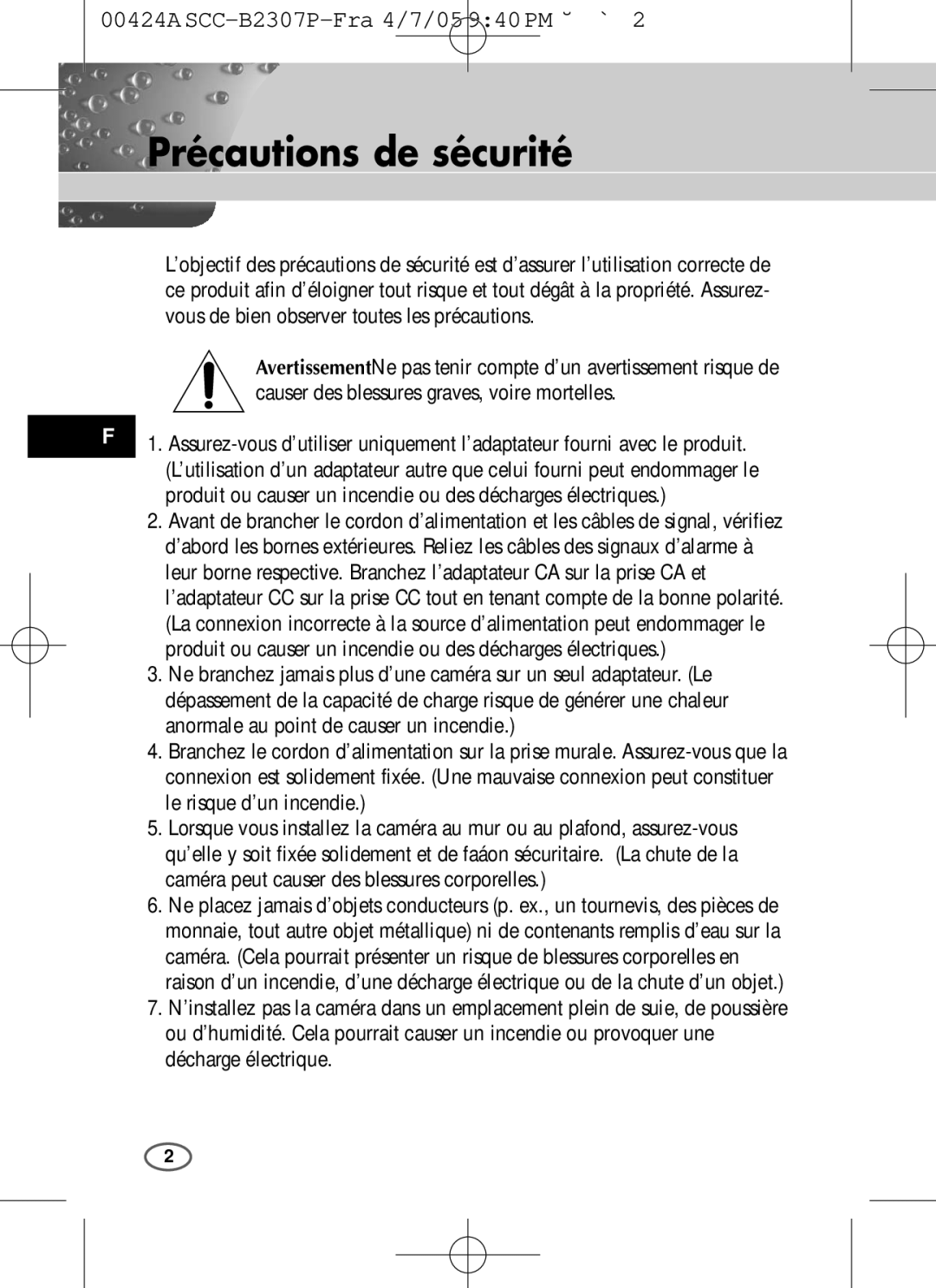 Samsung SCC-B2303(P), SCC-B2003P user manual Précautions de sécurité 