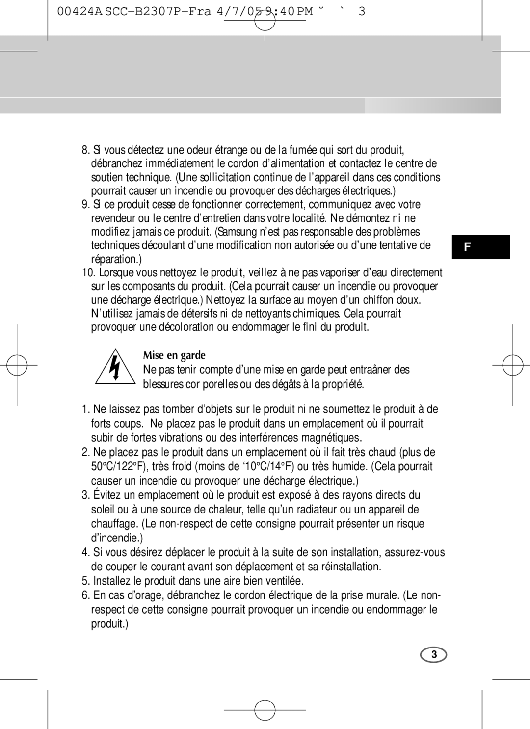 Samsung SCC-B2003P, SCC-B2303(P) user manual Réparation, Installez le produit dans une aire bien ventilée 