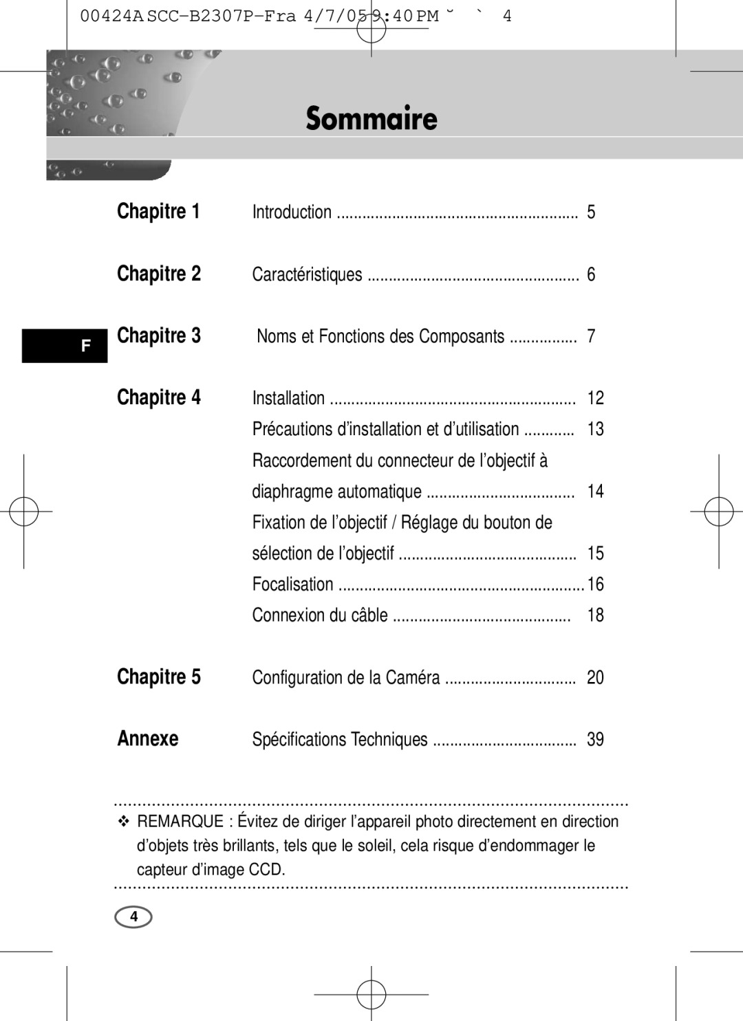 Samsung SCC-B2303(P), SCC-B2003P user manual Sommaire, Annexe 