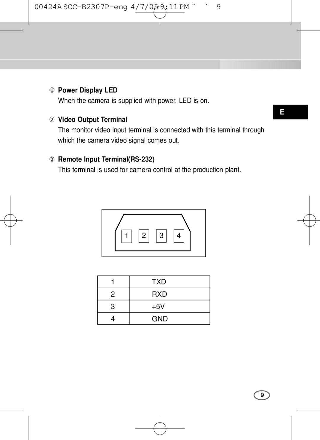 Samsung SCC-B2003P ① Power Display LED, When the camera is supplied with power, LED is on, ➁ Video Output Terminal, +5V 