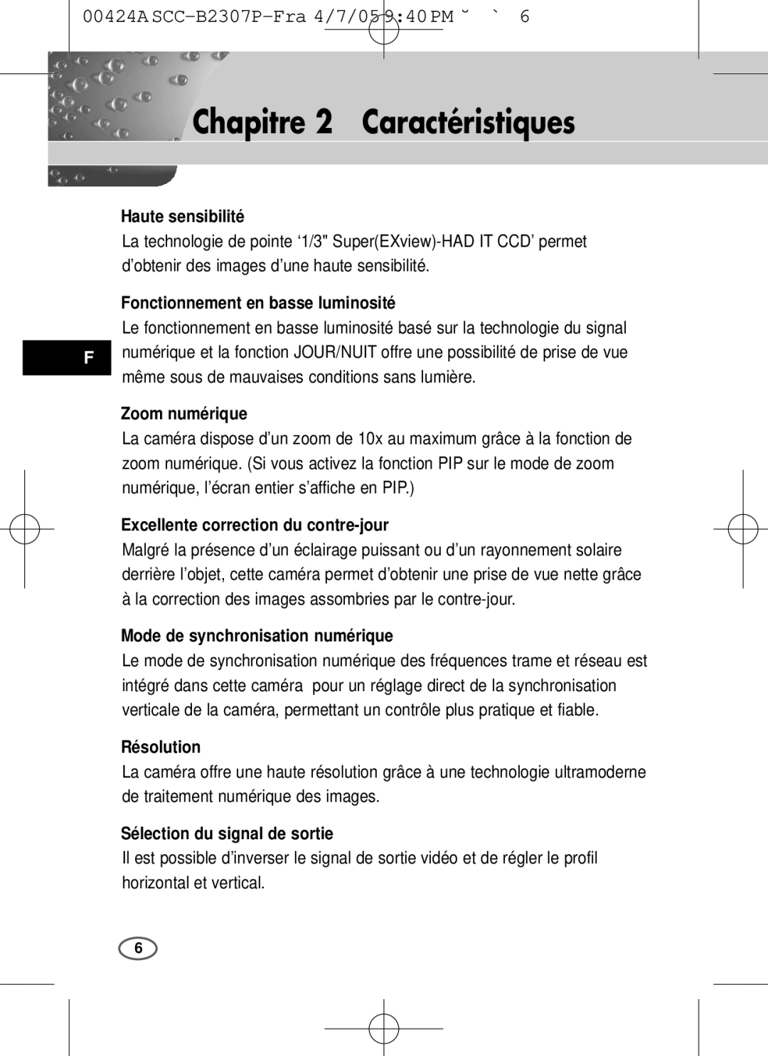 Samsung SCC-B2303(P), SCC-B2003P user manual Chapitre 2 Caractéristiques 