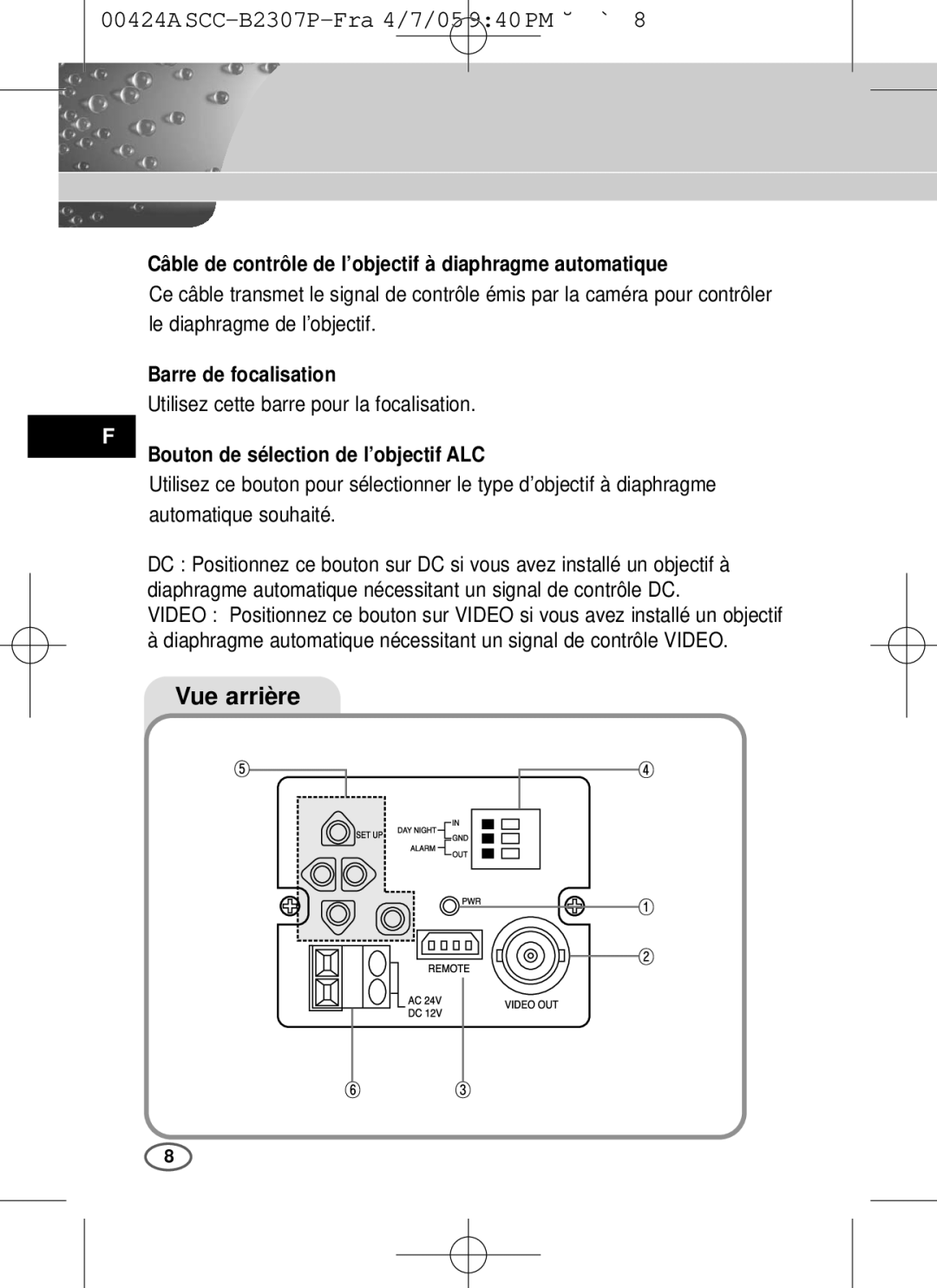 Samsung SCC-B2303(P), SCC-B2003P user manual Câble de contrôle de l’objectif à diaphragme automatique, Barre de focalisation 