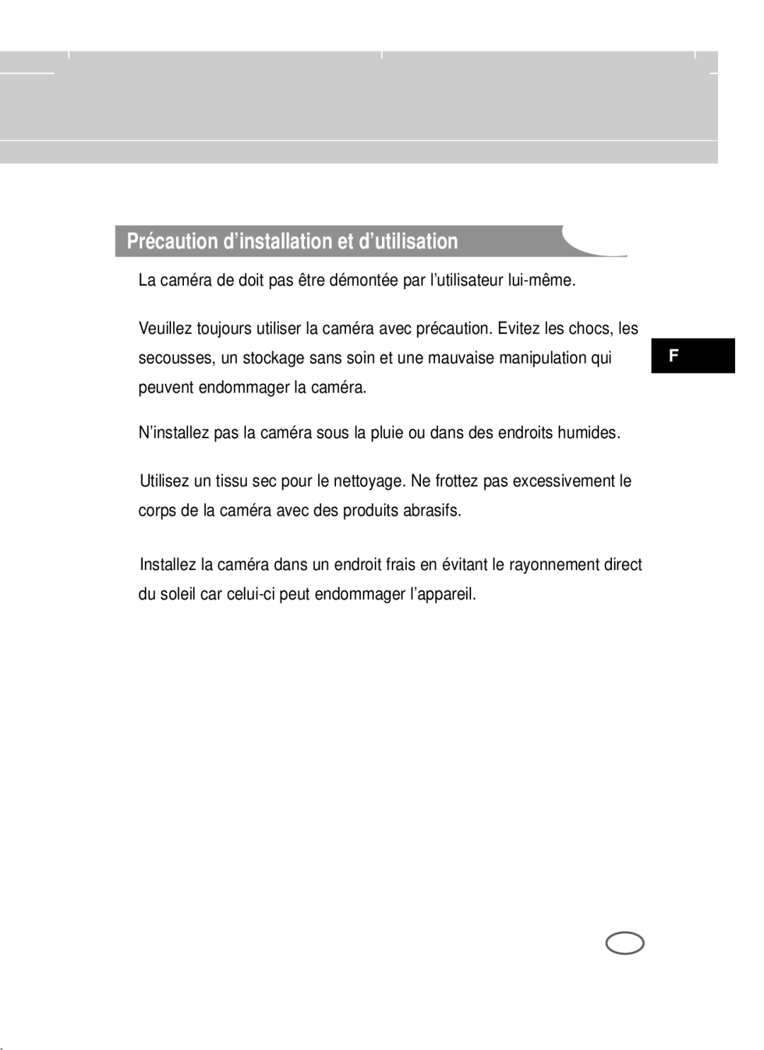 Samsung SCC-B2003P, SCC-B2303(P) user manual Précaution d’installation et d’utilisation 