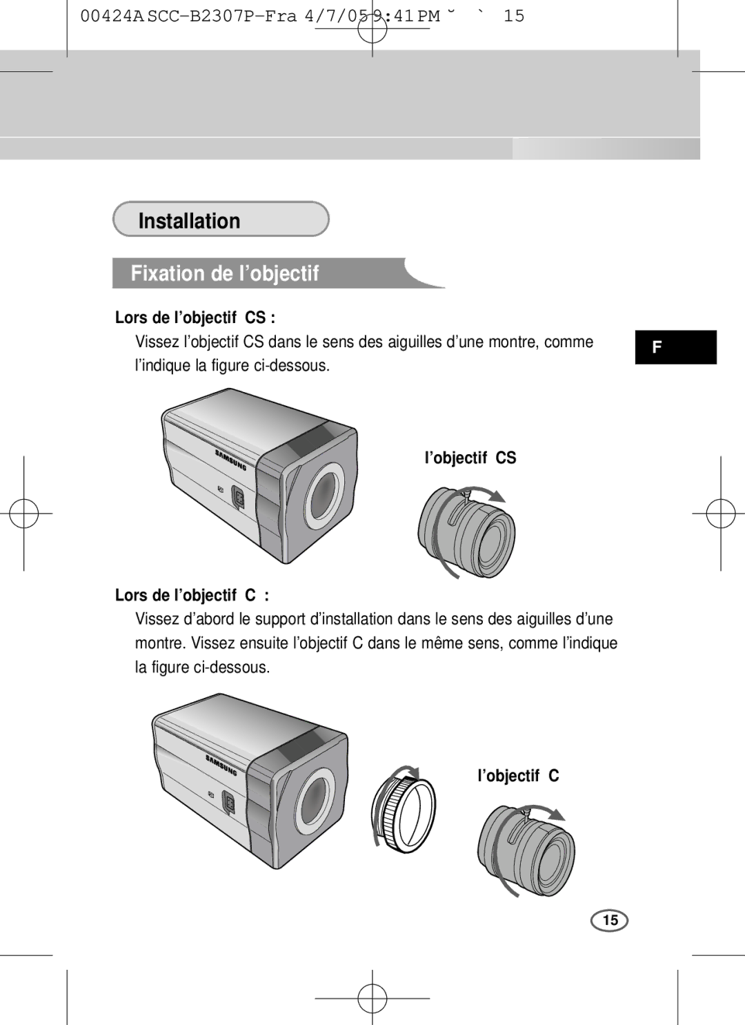 Samsung SCC-B2003P, SCC-B2303(P) Fixation de l’objectif, Lors de l’objectif CS, ’objectif CS Lors de l’objectif C 