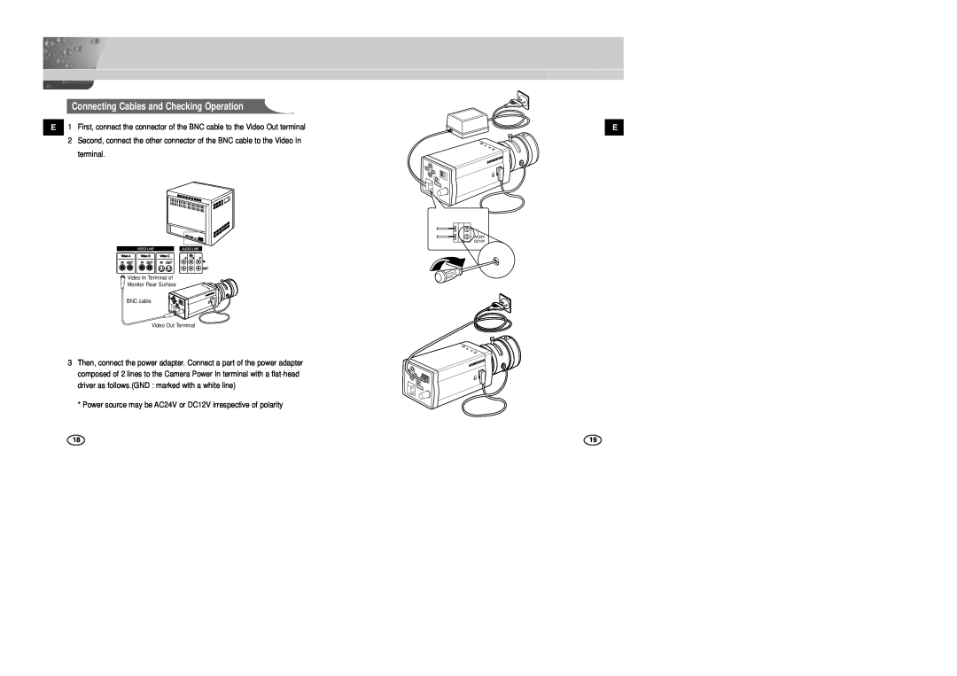 Samsung SCC-B2007P, SCC-B2307P, SCC-B2003P, SCC-B2303P manual Connecting Cables and Checking Operation 