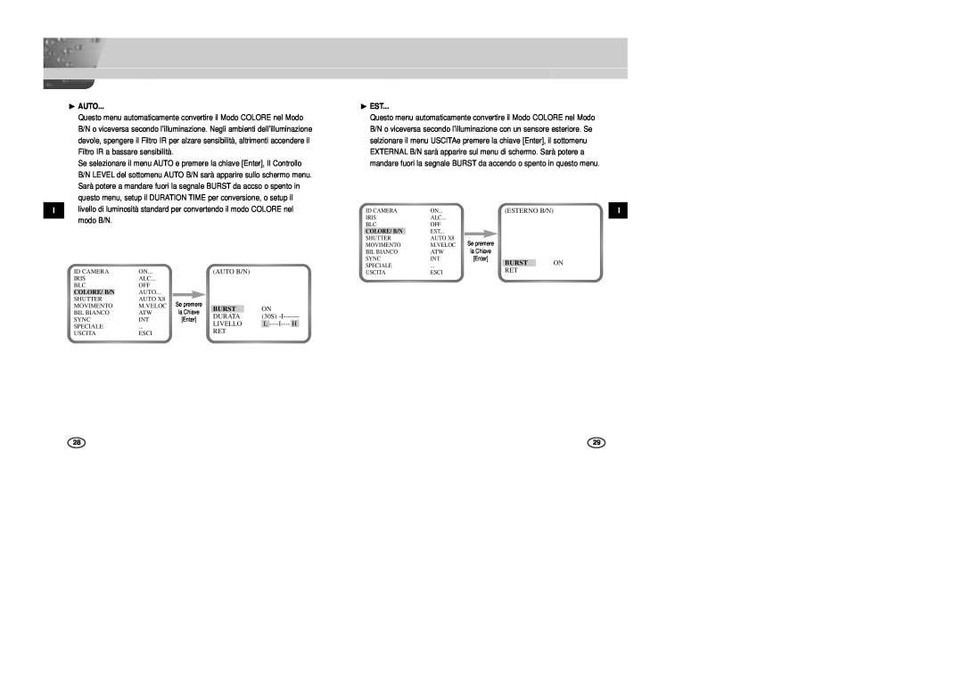 Samsung SCC-B2303P, SCC-B2307P ❿ AUTO, Se selezionare il menu AUTO e premere la chiave Enter, Il Controllo, Burst, ❿ EST 