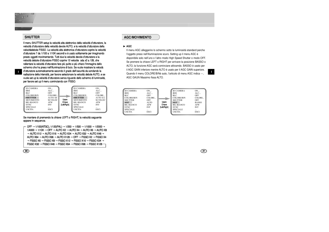 Samsung SCC-B2307P, SCC-B2003P, SCC-B2007P, SCC-B2303P manual Agc/Movimento, Shutter, ❿ AGC 