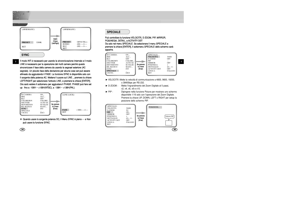 Samsung SCC-B2007P, SCC-B2307P, SCC-B2003P, SCC-B2303P manual Speciale, Sync, Preset, Fase 