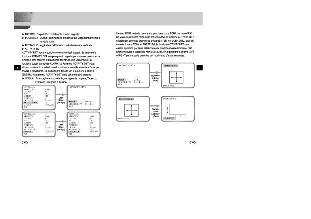 Samsung SCC-B2303P, SCC-B2307P Activity Det, Zona, Util, Sensibilita, I, Preset, Sensibilitá, Dimensione, Lingua, Language 