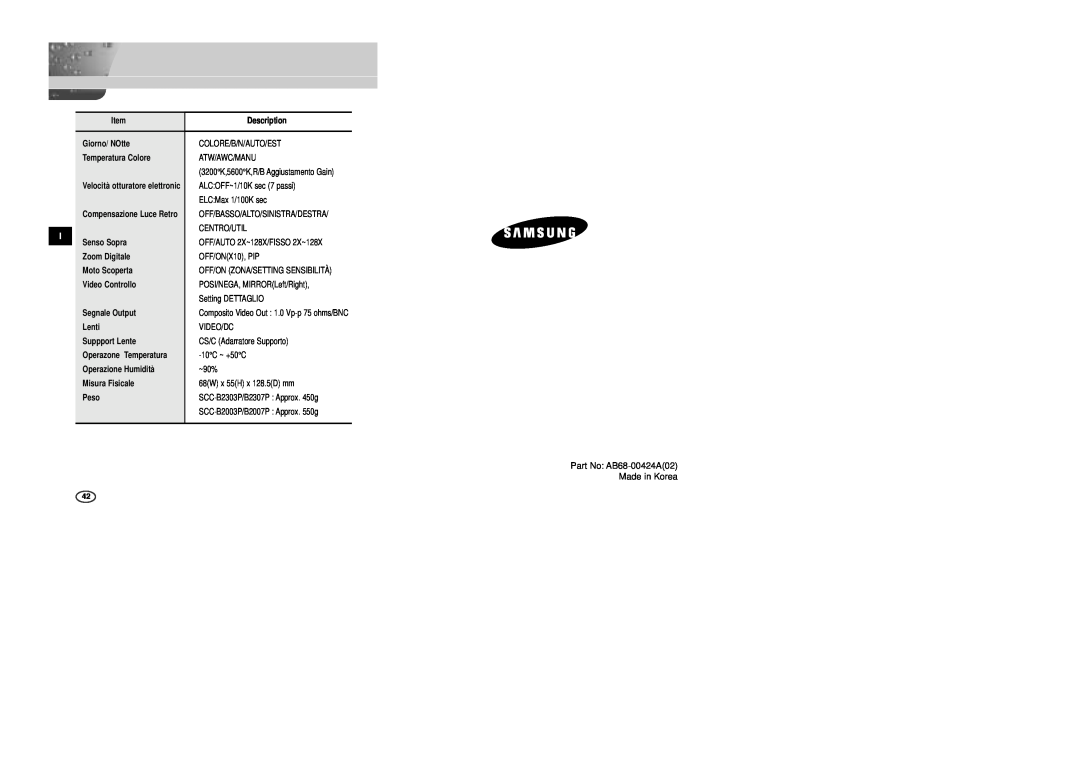 Samsung SCC-B2007P, SCC-B2307P, SCC-B2003P, SCC-B2303P manual Part No AB68-00424A02 Made in Korea 