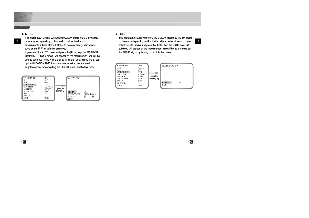 Samsung SCC-B2303P, SCC-B2307P, SCC-B2003P, SCC-B2007P manual ❿ AUTO, Burst, ❿ EXT 