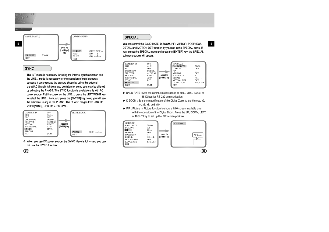 Samsung SCC-B2007P, SCC-B2307P, SCC-B2003P, SCC-B2303P manual Sync, Special, Burst, Preset, Phase 